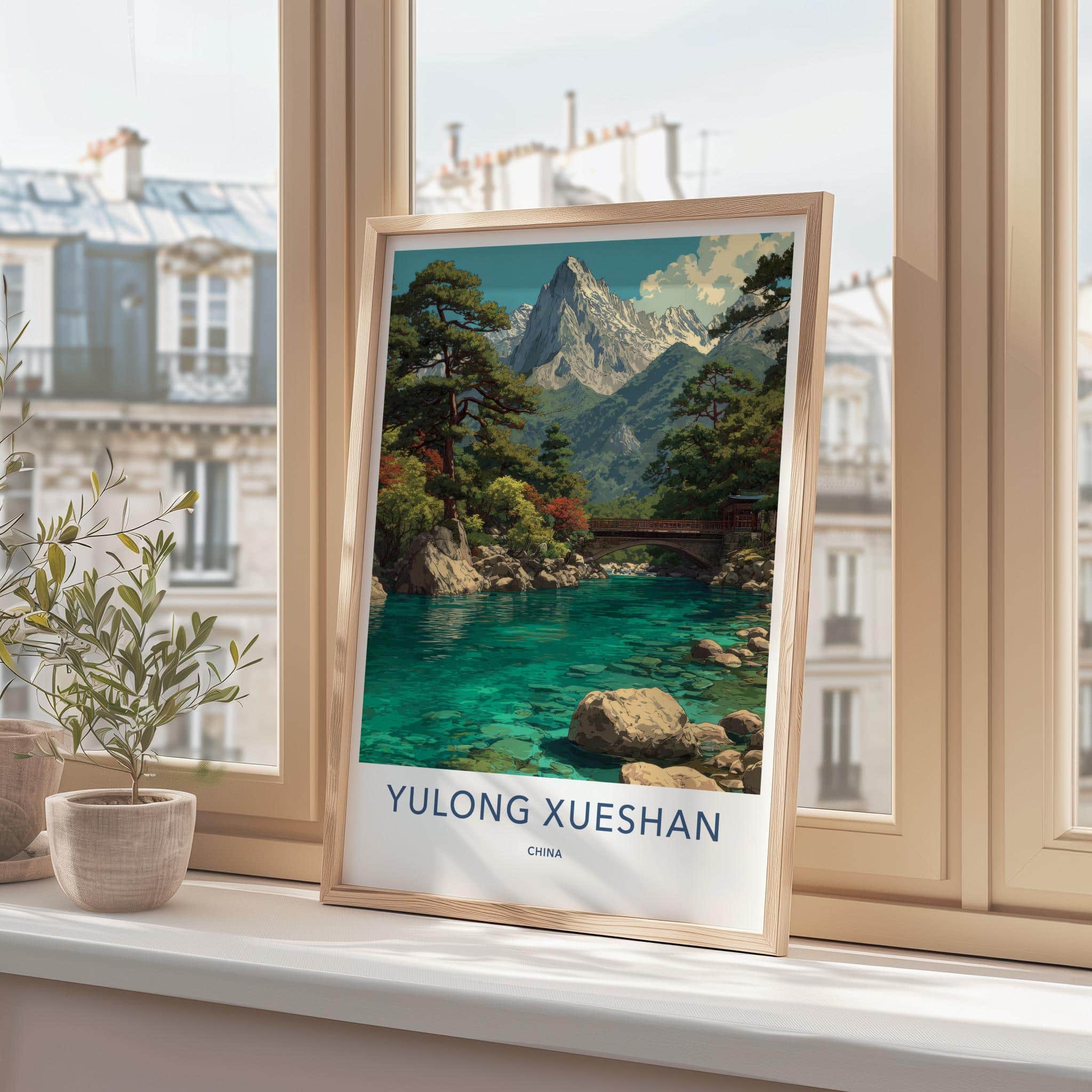 Yulong Xueshan Poster - China Travel Art - Turquoise River Bridge Home Decor