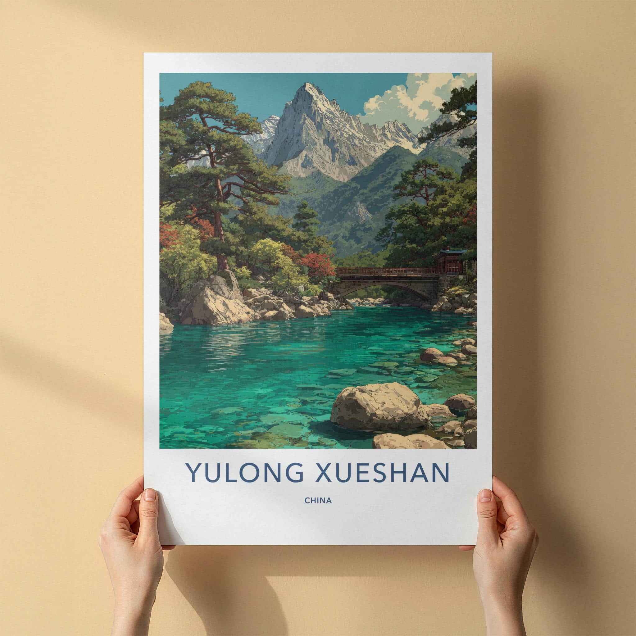 Yulong Xueshan Poster - China Travel Art - Turquoise River Bridge Home Decor