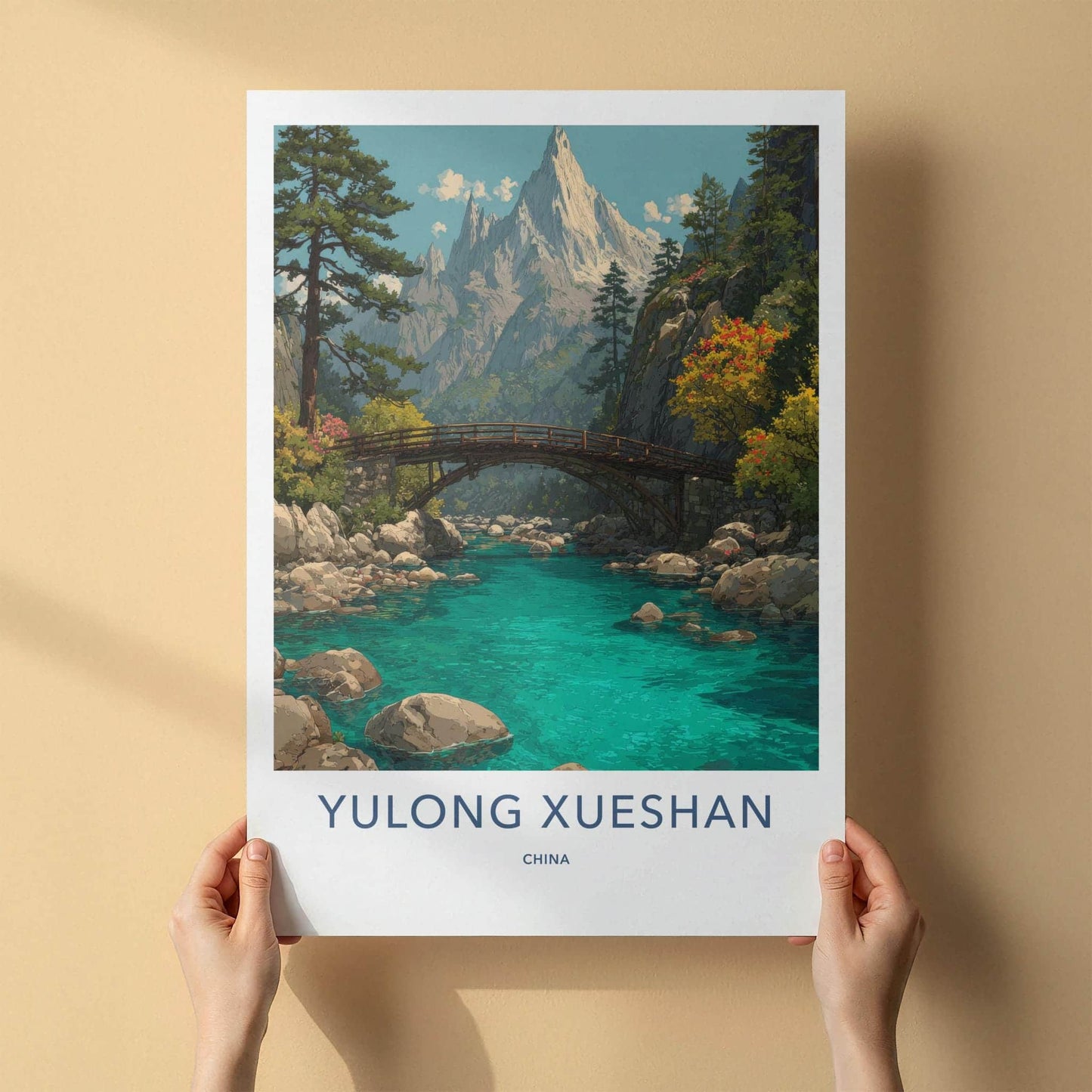 Yulong Xueshan Poster - China Wall Art - Mountain River Bridge Home Decor