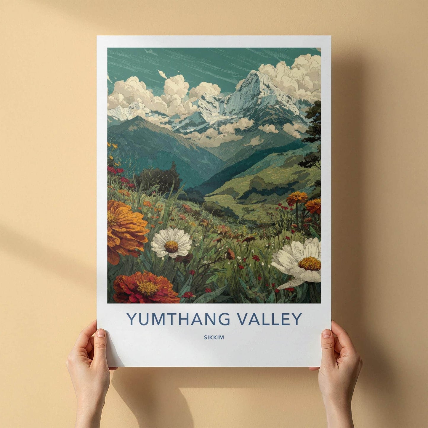Yumthang Valley Poster - India Travel Art - Sikkim Blooming Meadow Peaks Home Decor