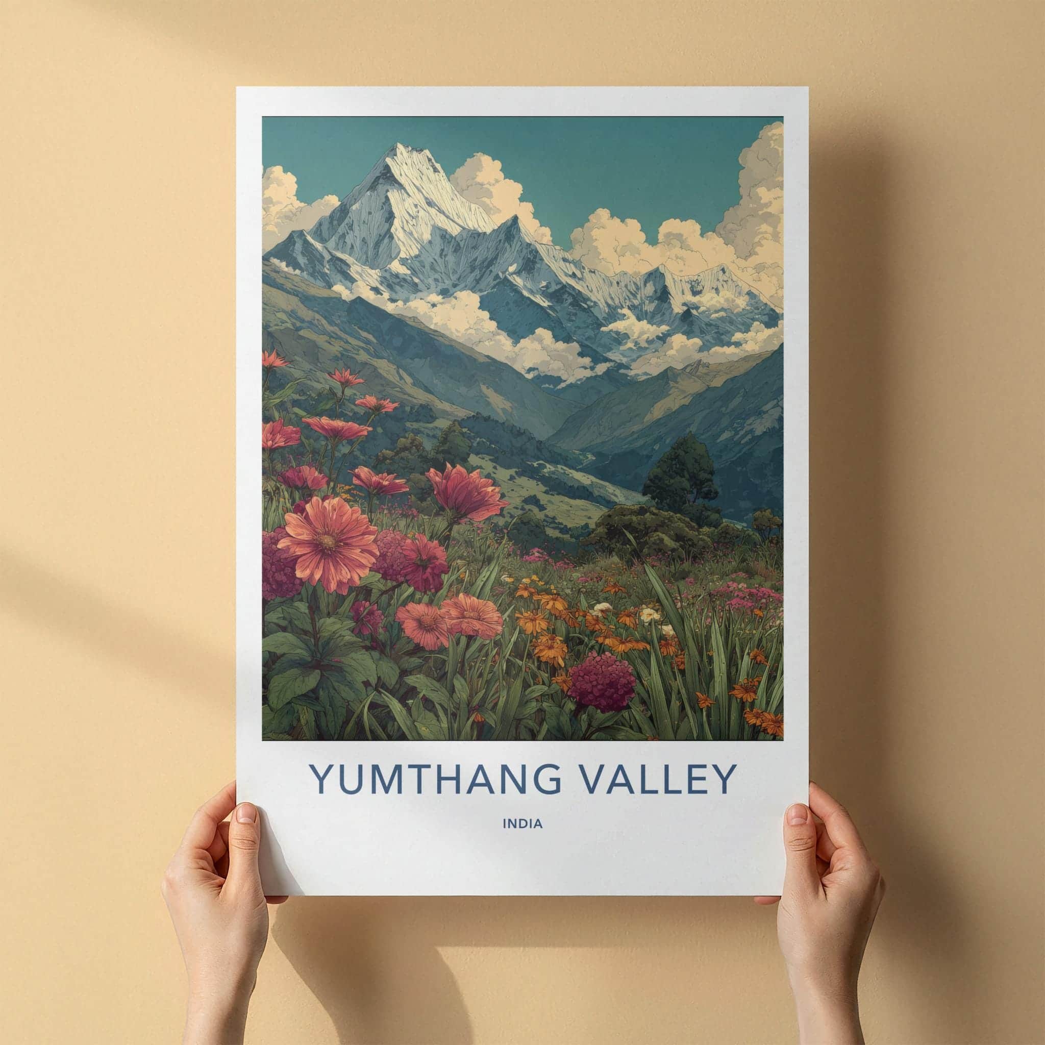 Yumthang Valley Poster - India Travel Art - Sikkim Floral Mountain Vista Home Decor