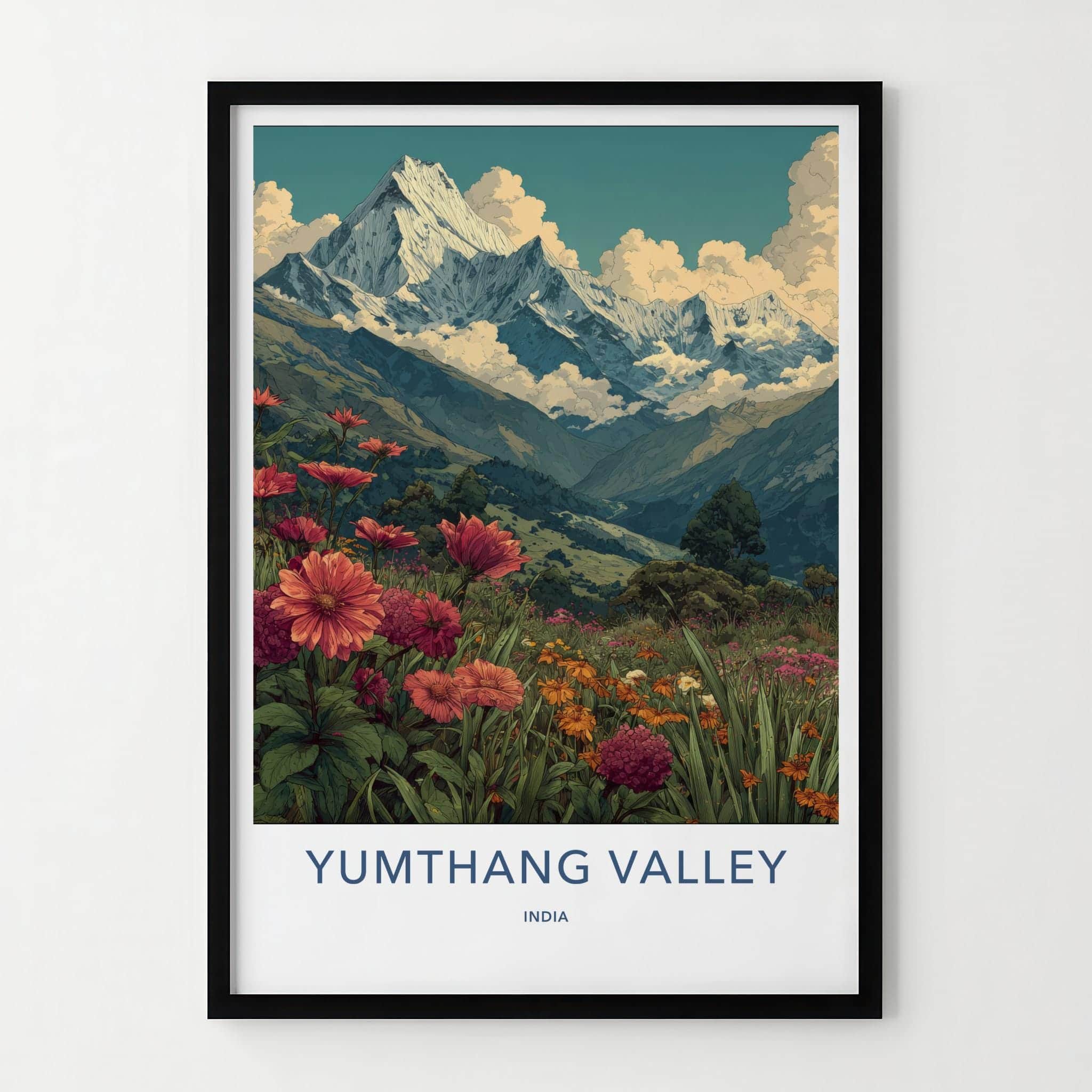 Yumthang Valley Poster - India Travel Art - Sikkim Floral Mountain Vista Home Decor