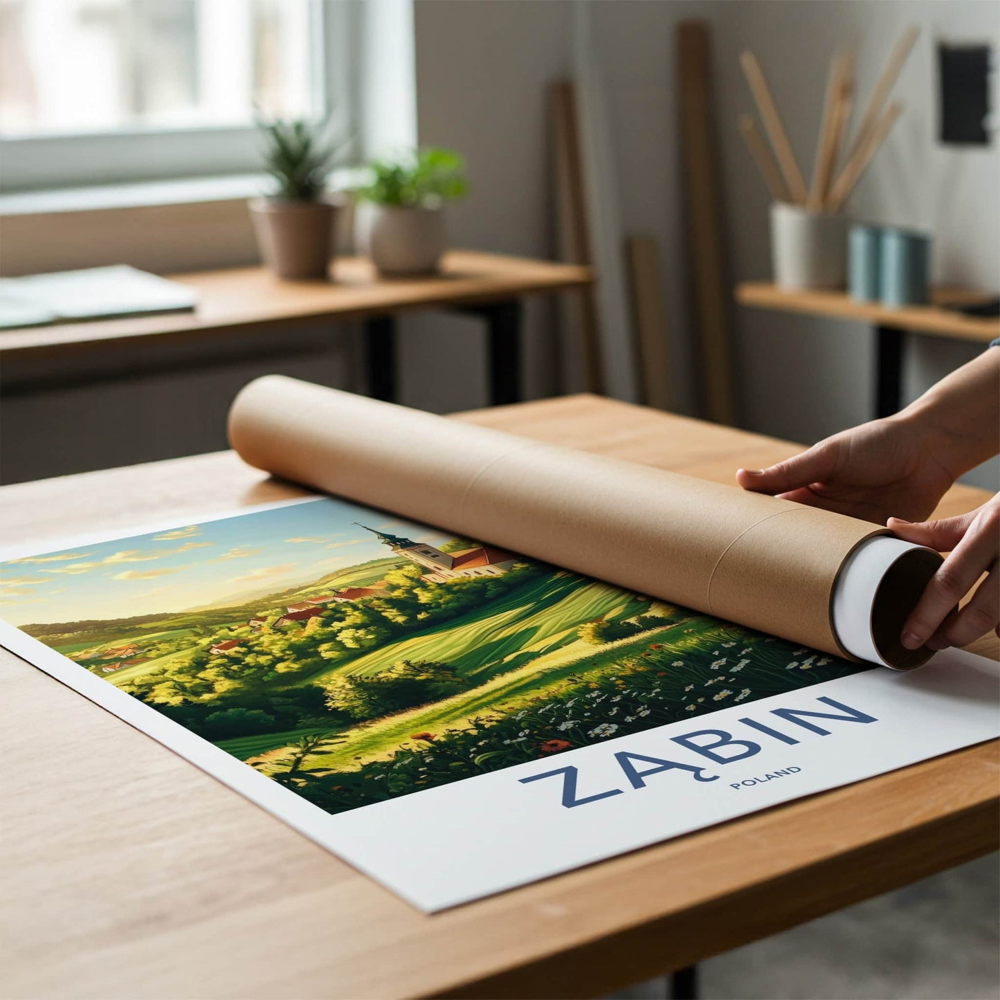 Zabin Poster - Poland Travel Art - Church Village Hills Home Decor