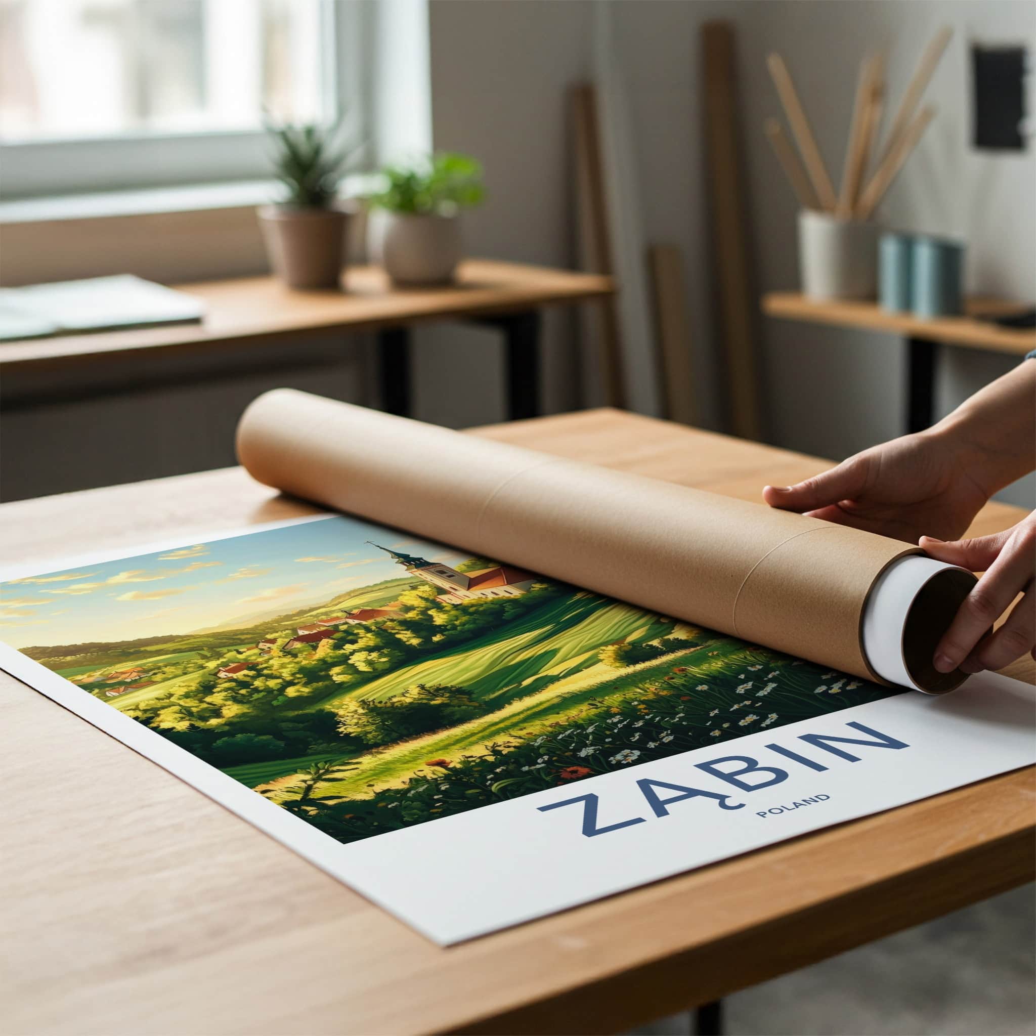 Zabin Poster - Poland Travel Art - Church Village Hills Home Decor