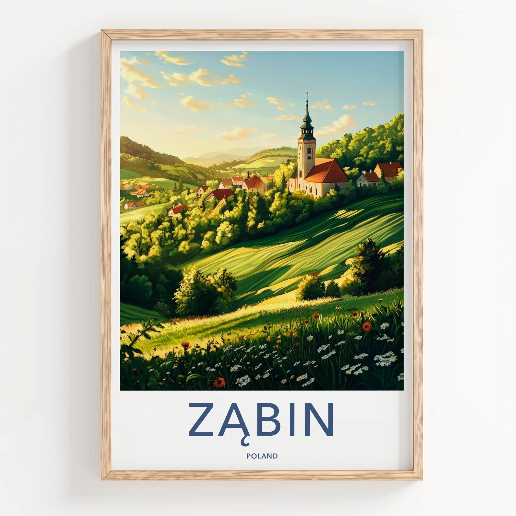 Zabin Poster - Poland Travel Art - Church Village Hills Home Decor