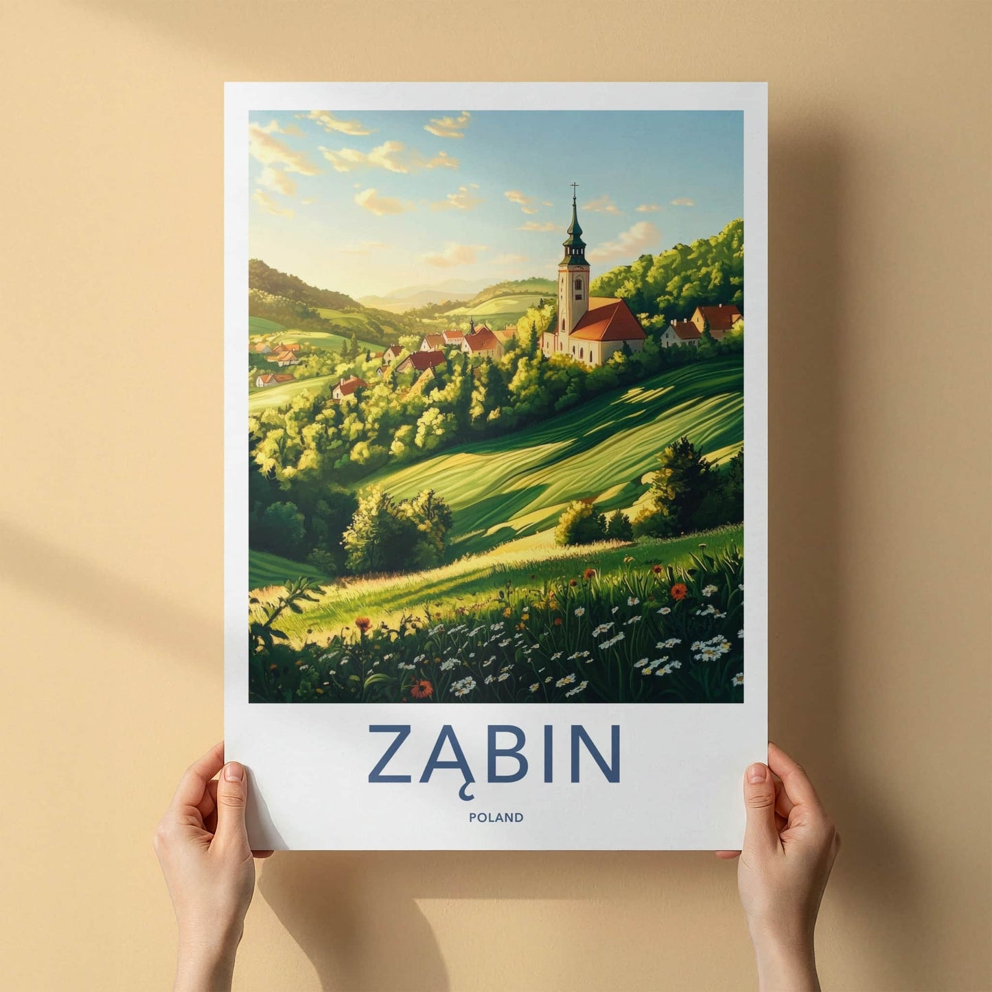 Zabin Poster - Poland Travel Art - Church Village Hills Home Decor