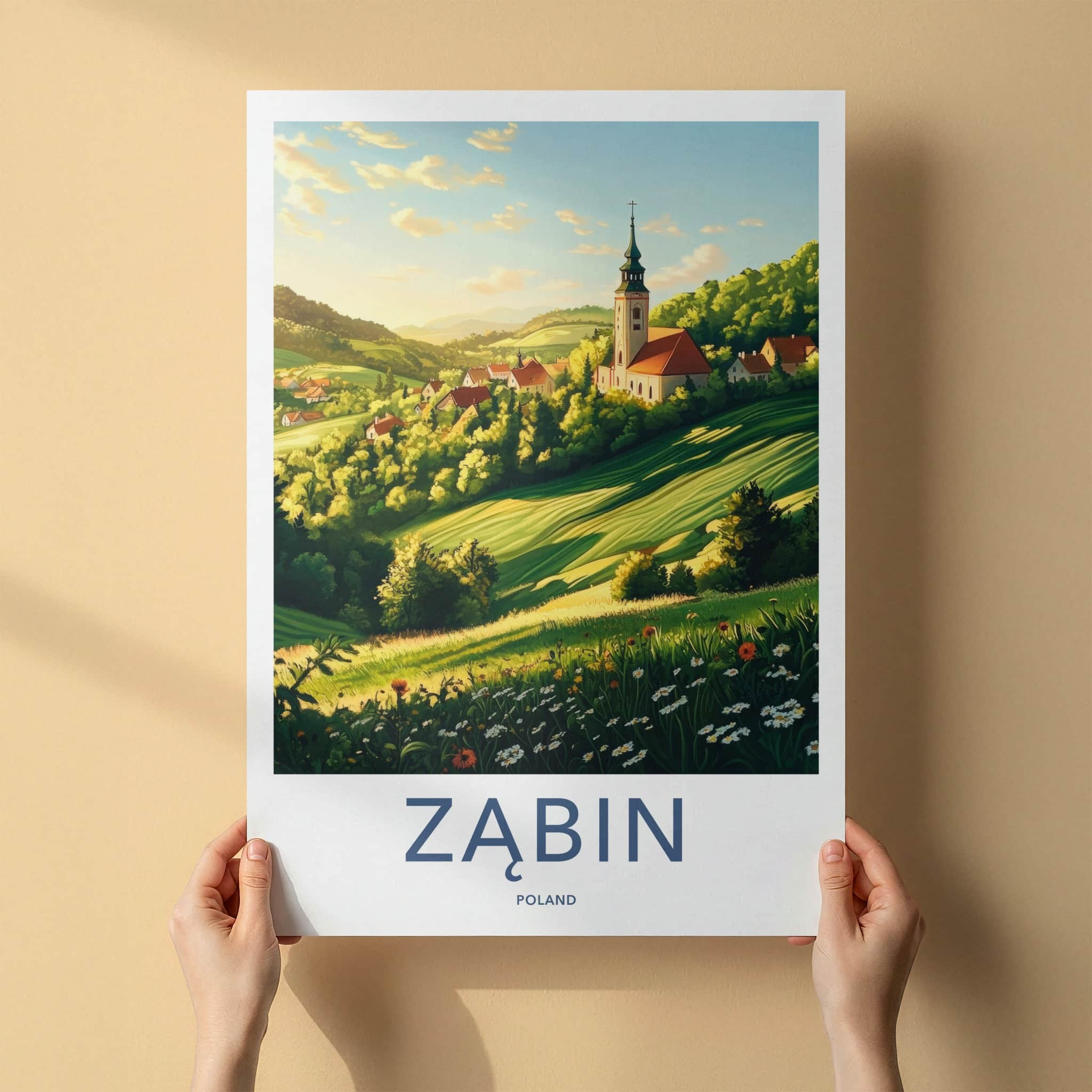 Zabin Poster - Poland Travel Art - Church Village Hills Home Decor