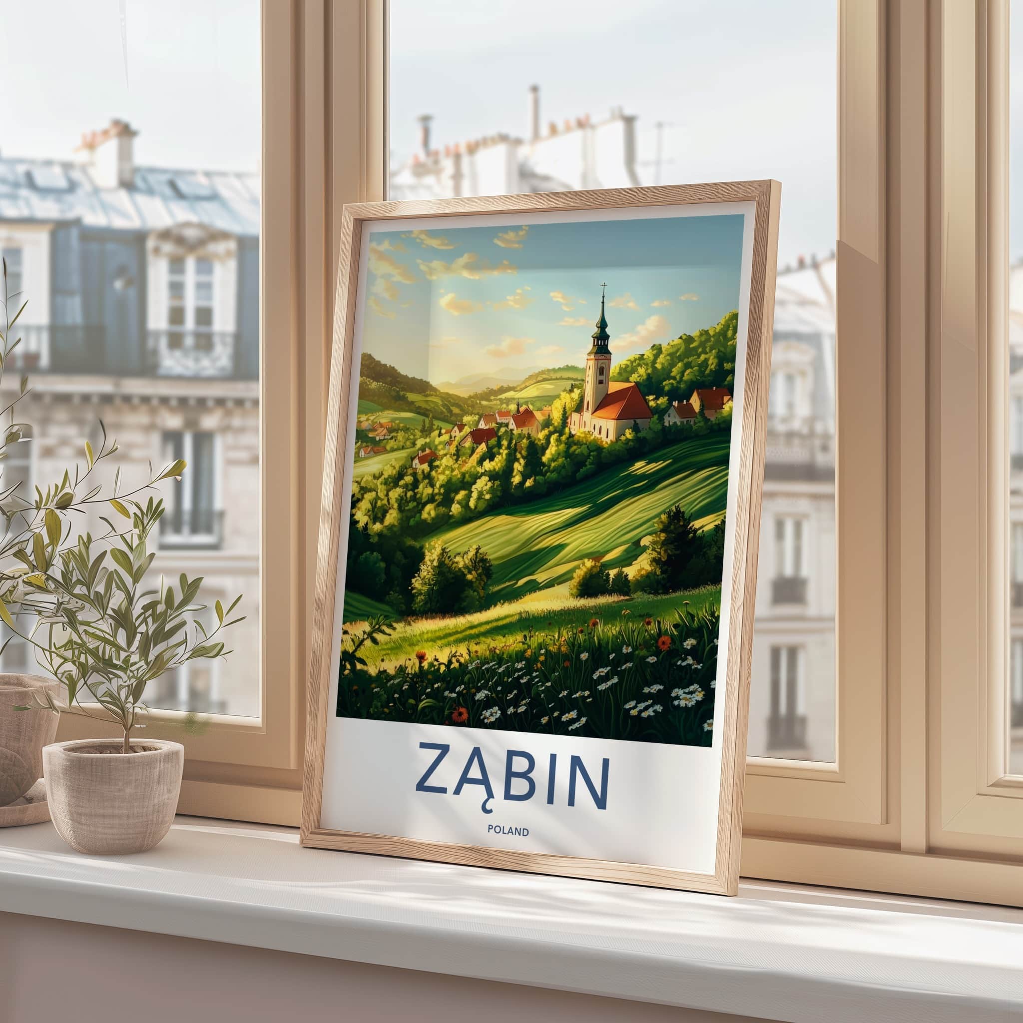 Zabin Poster - Poland Travel Art - Church Village Hills Home Decor