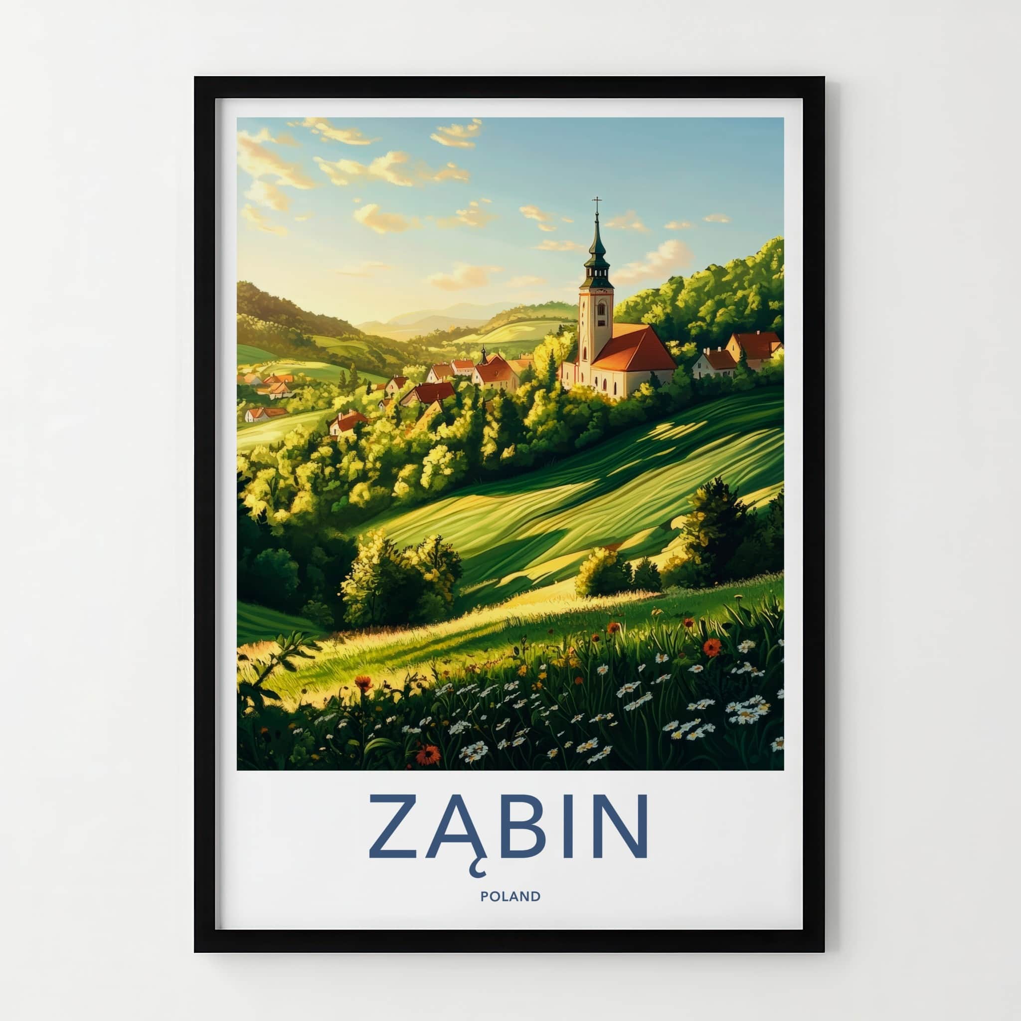 Zabin Poster - Poland Travel Art - Church Village Hills Home Decor