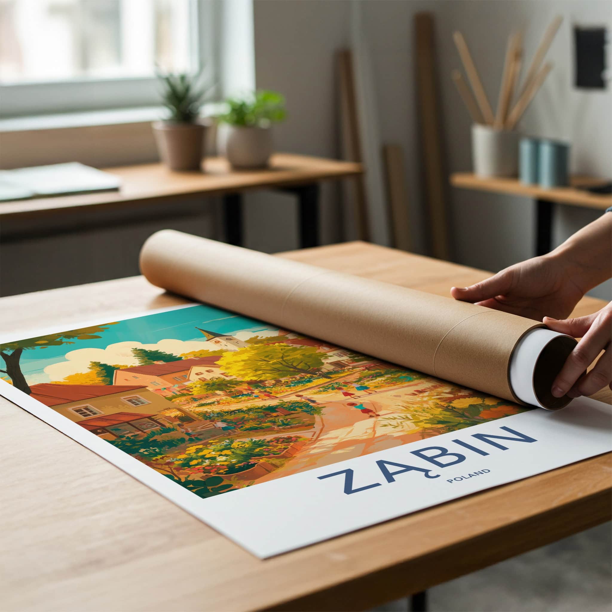 Zabin Poster - Poland Travel Art - Lively village scene Home Decor