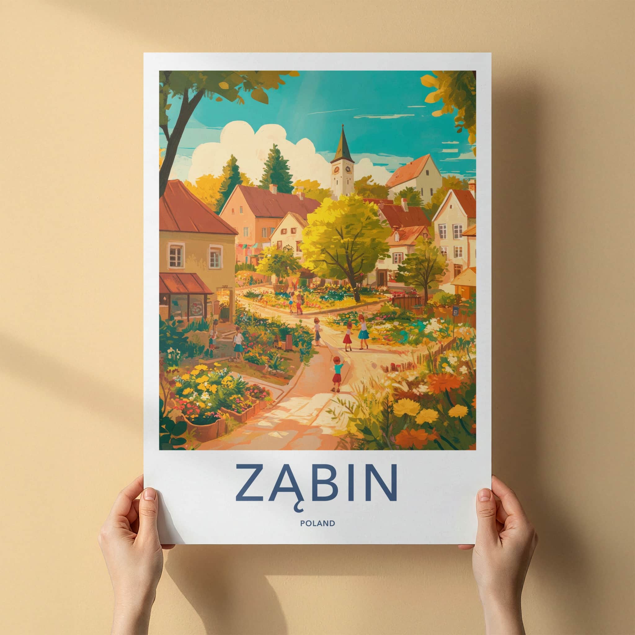 Zabin Poster - Poland Travel Art - Lively village scene Home Decor