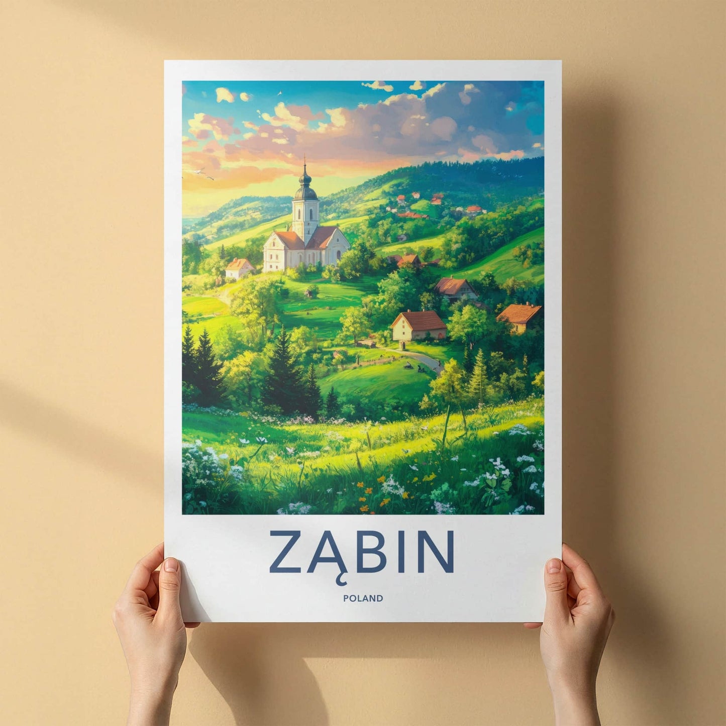 Zabin Poster - Poland Wall Art - Lush Countryside Church Home Decor