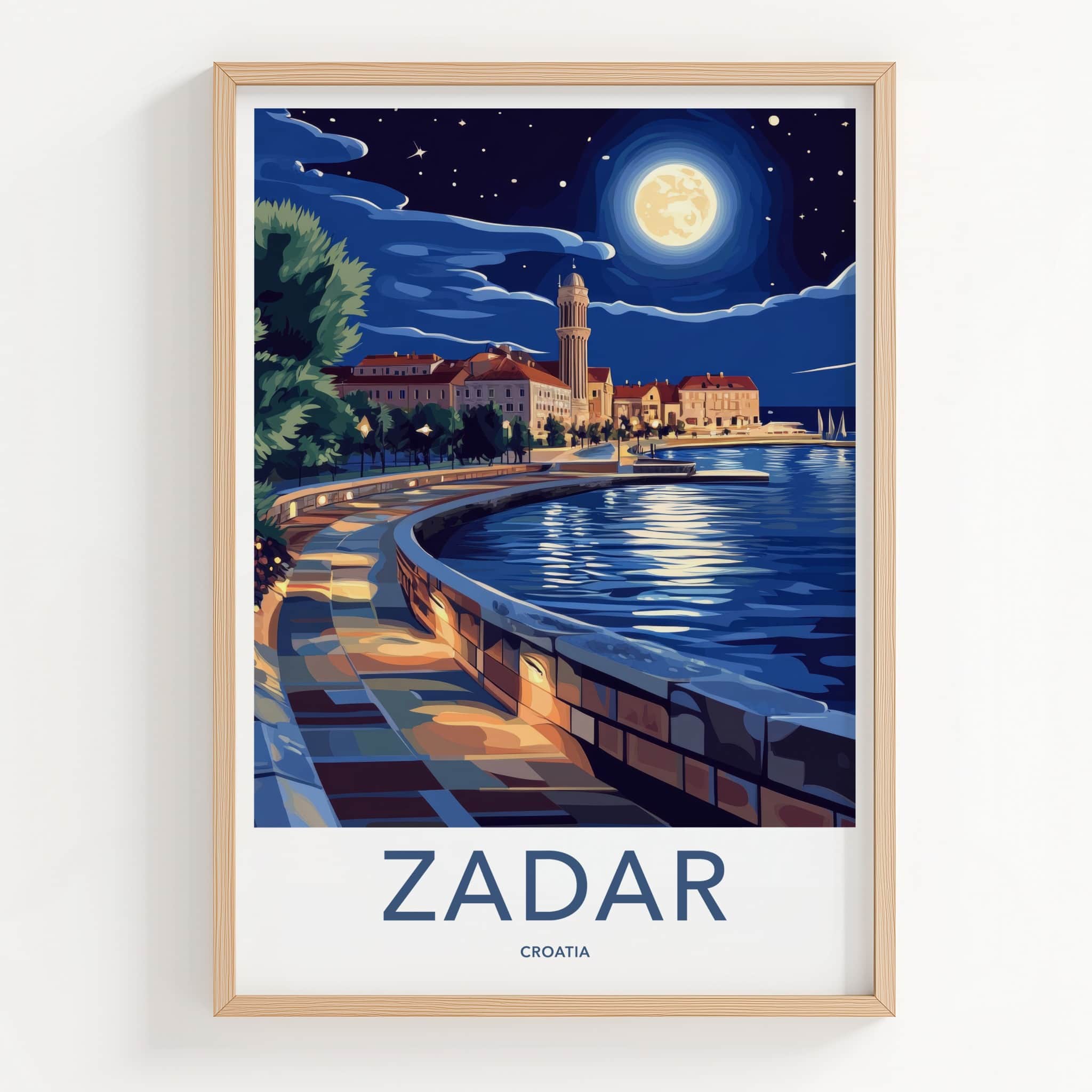 Zadar Poster - Croatia Travel Art - Moonlit Coastal City Wall Decor