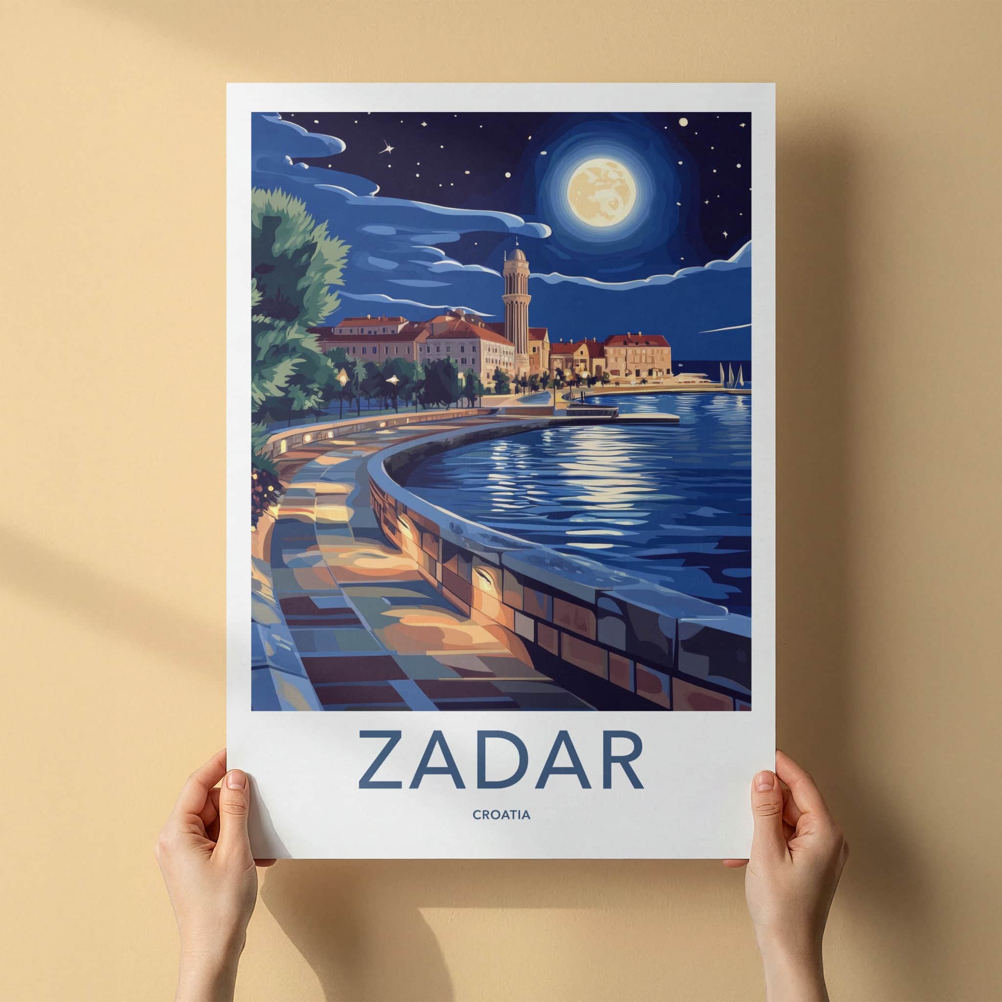 Zadar Poster - Croatia Travel Art - Moonlit Coastal City Wall Decor