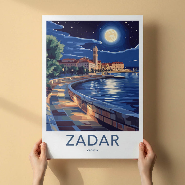 Zadar Poster - Croatia Travel Art - Moonlit Coastal City Wall Decor