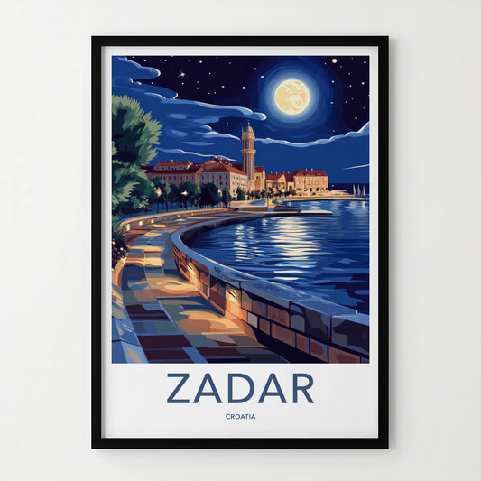 Zadar Poster - Croatia Travel Art - Moonlit Coastal City Wall Decor