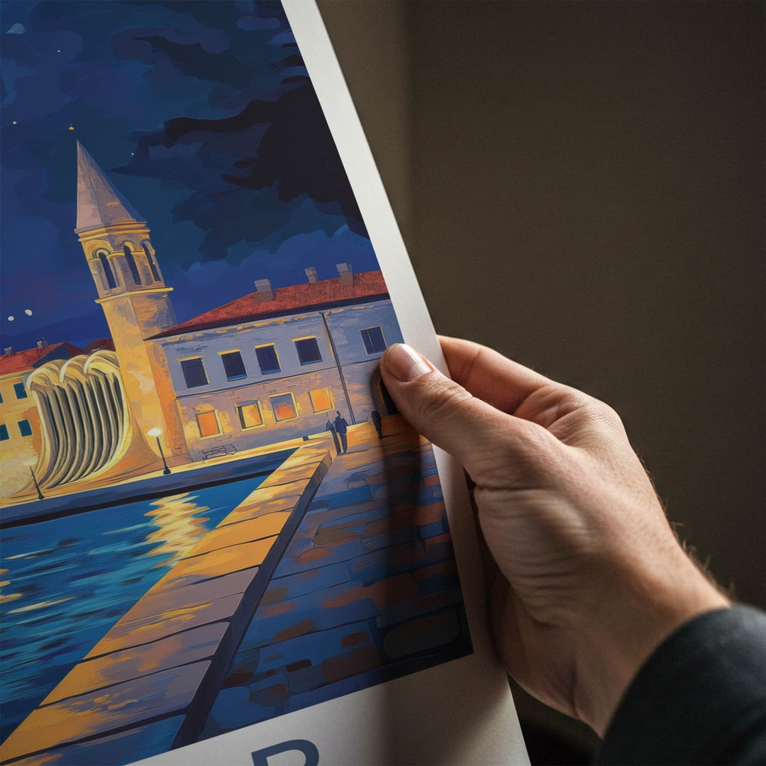 Zadar Poster - Croatia Travel Art - Moonlit Harbor Architecture Home Decor