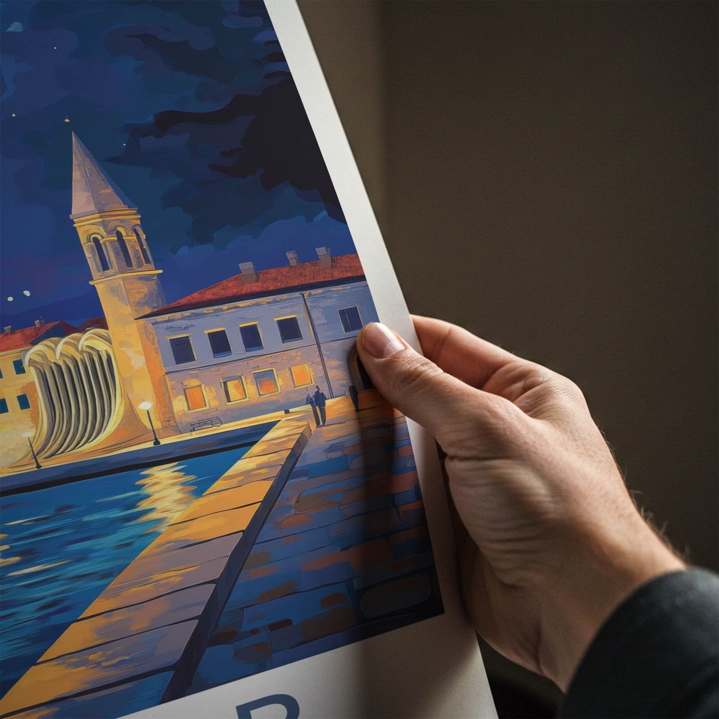 Zadar Poster - Croatia Travel Art - Moonlit Harbor Architecture Home Decor