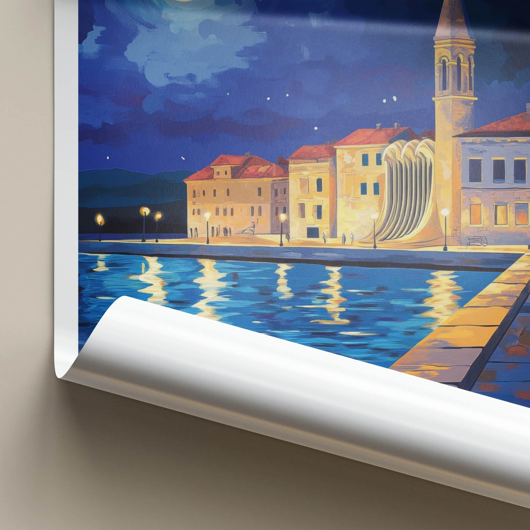 Zadar Poster - Croatia Travel Art - Moonlit Harbor Architecture Home Decor