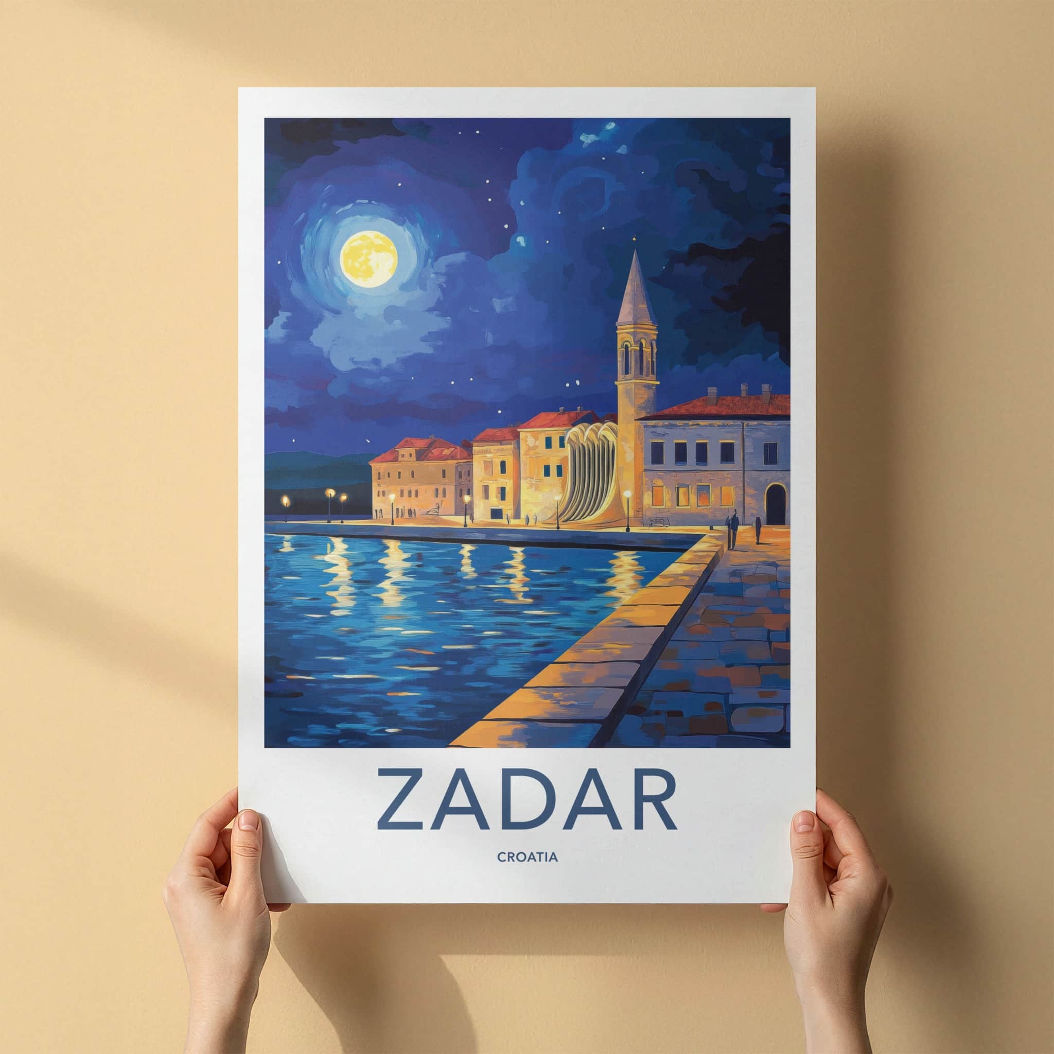 Zadar Poster - Croatia Travel Art - Moonlit Harbor Architecture Home Decor