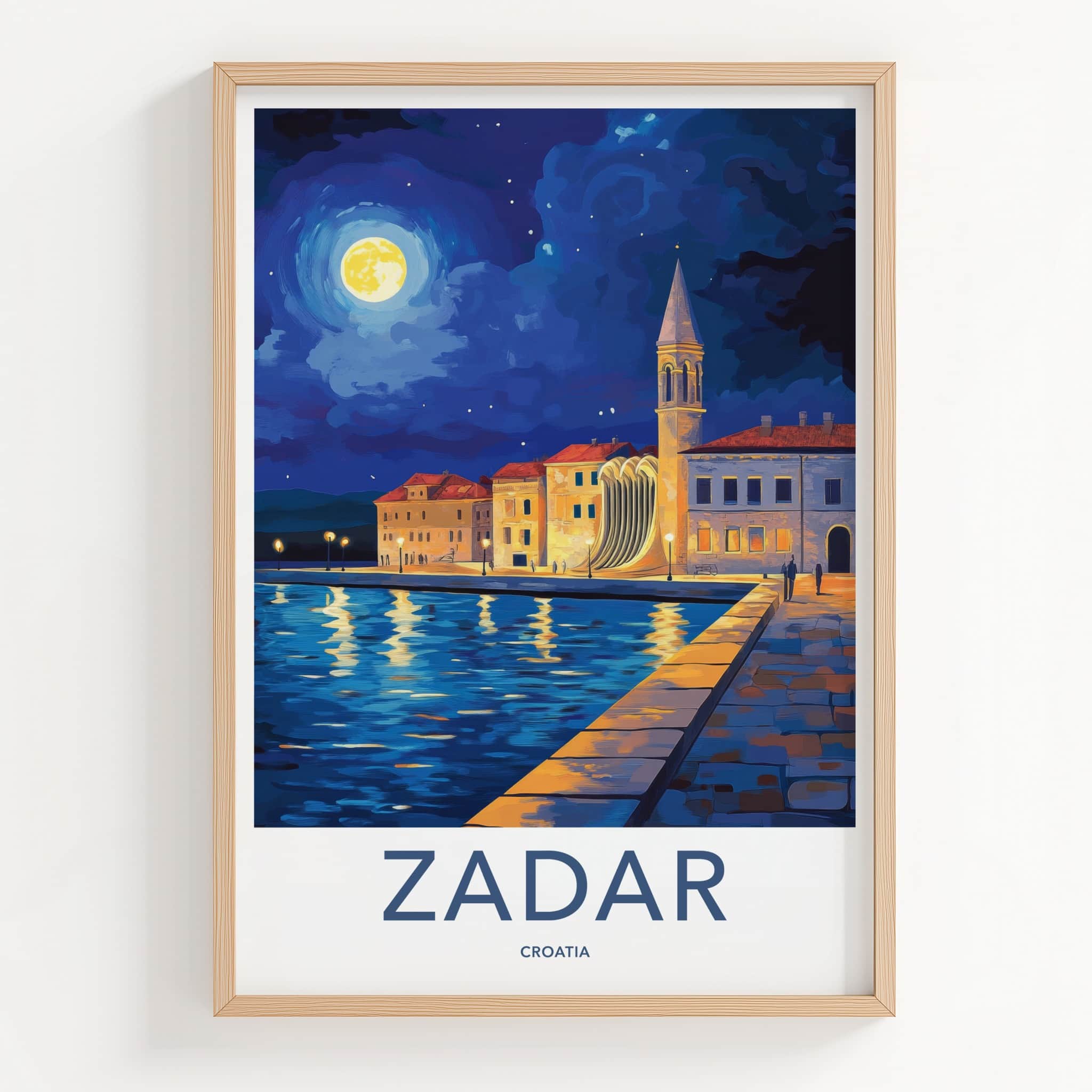 Zadar Poster - Croatia Travel Art - Moonlit Harbor Architecture Home Decor
