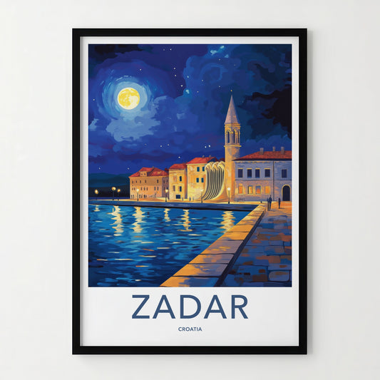 Zadar Poster - Croatia Travel Art - Moonlit Harbor Architecture Home Decor