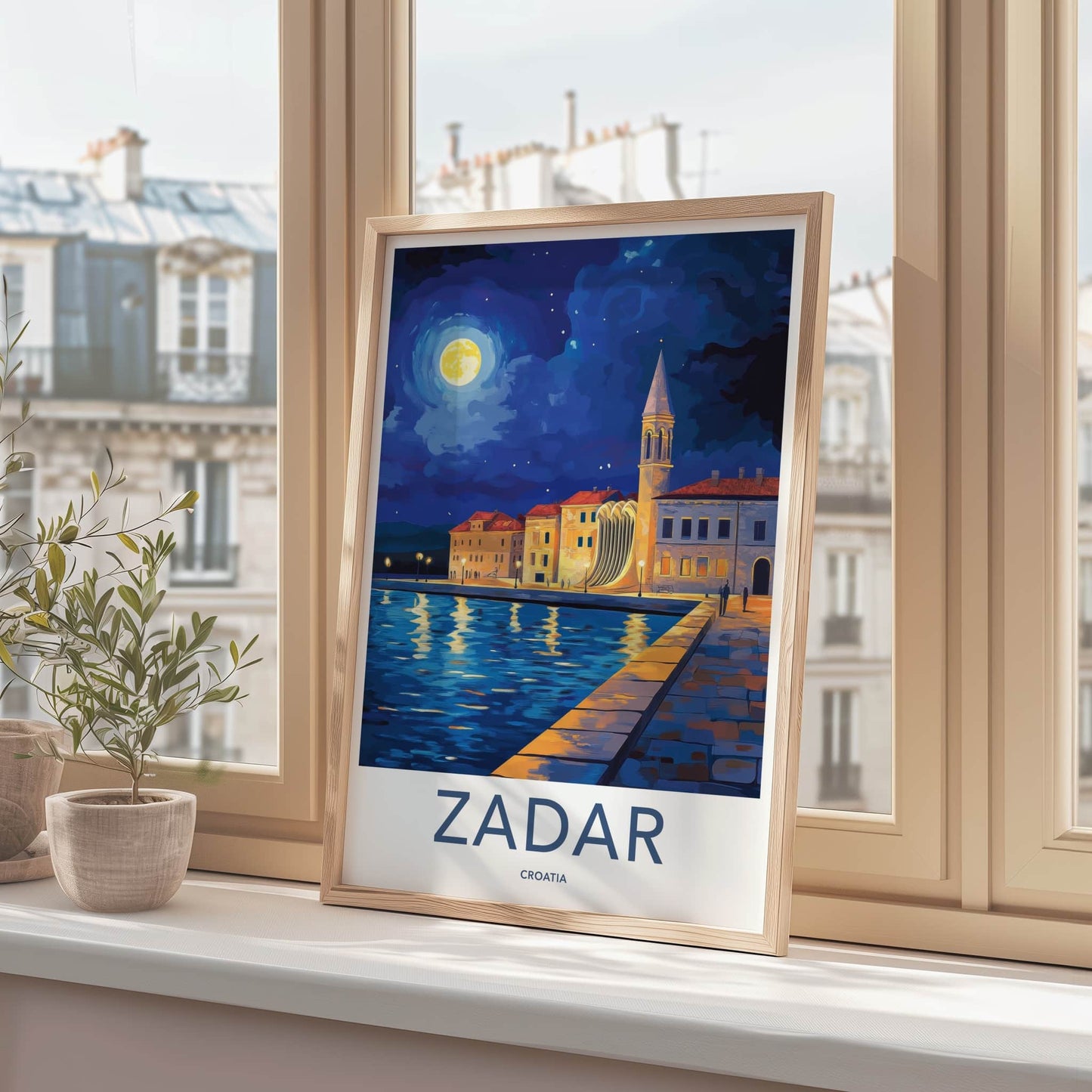 Zadar Poster - Croatia Travel Art - Moonlit Harbor Architecture Home Decor