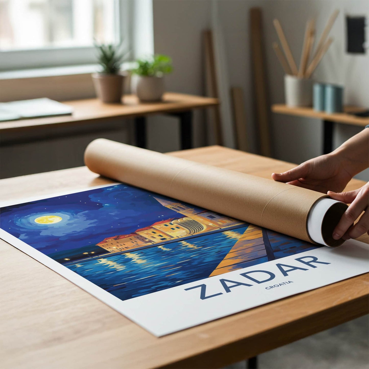 Zadar Poster - Croatia Travel Art - Moonlit Harbor Architecture Home Decor