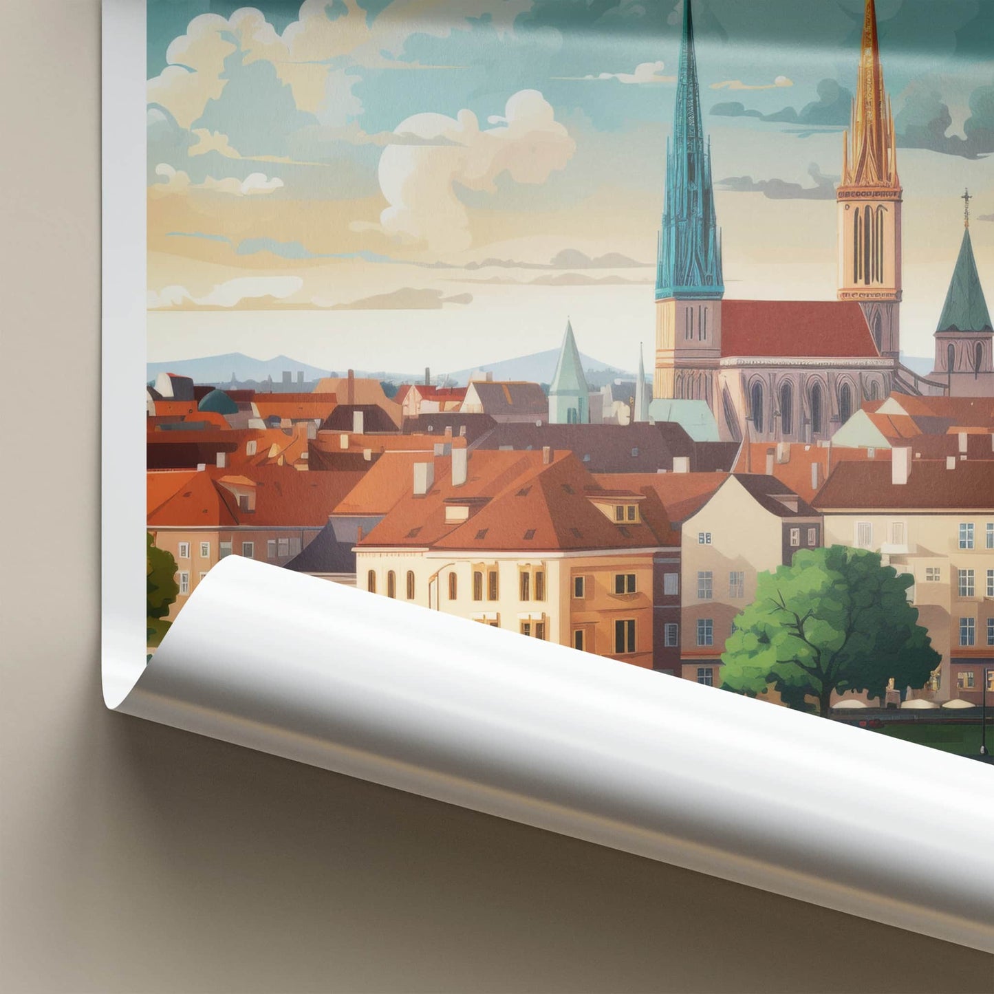 Zagreb Poster - Croatia Travel Art - Cityscape River Spires Home Decor