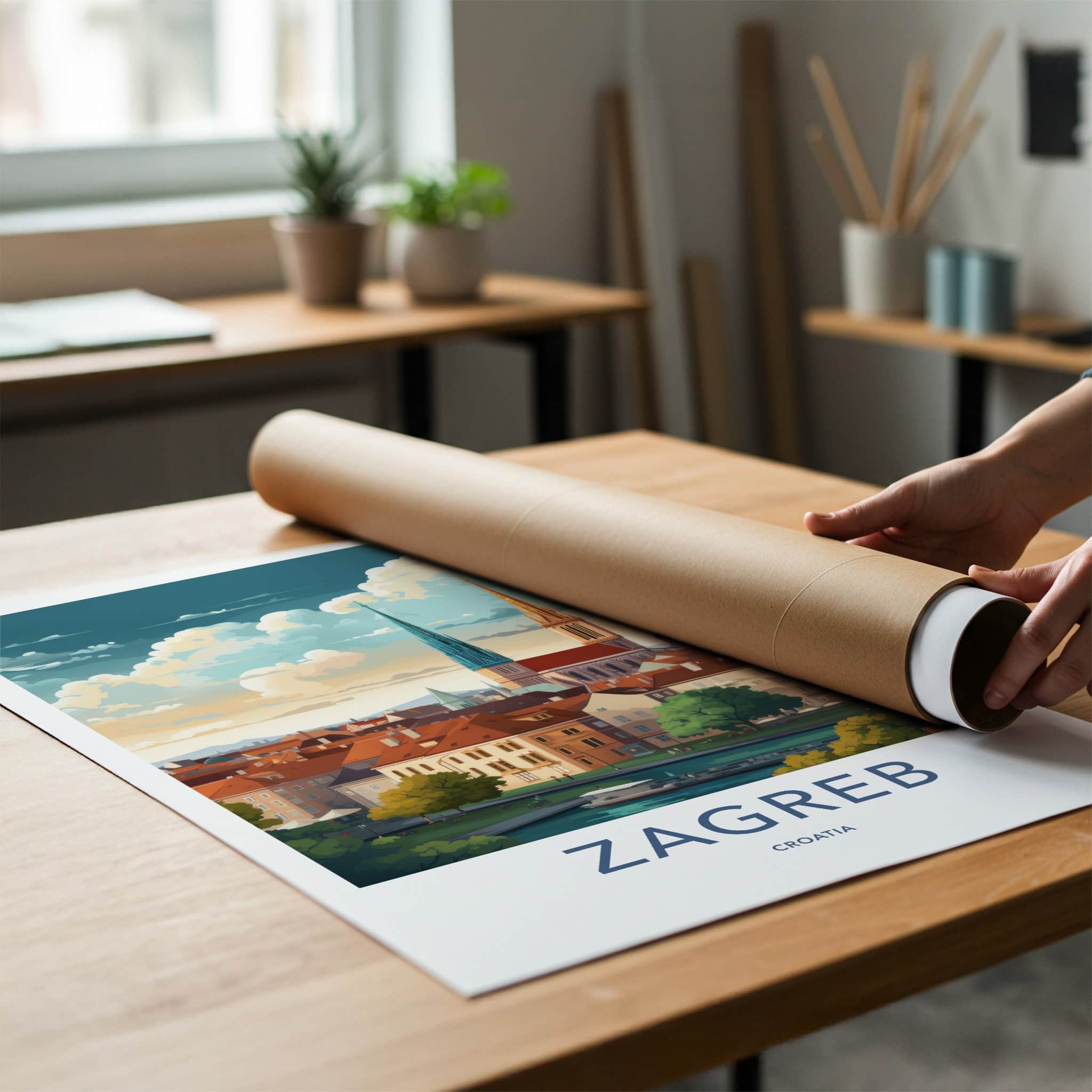 Zagreb Poster - Croatia Travel Art - Cityscape River Spires Home Decor