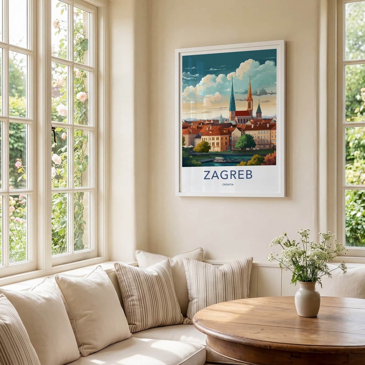 Zagreb Poster - Croatia Travel Art - Cityscape River Spires Home Decor