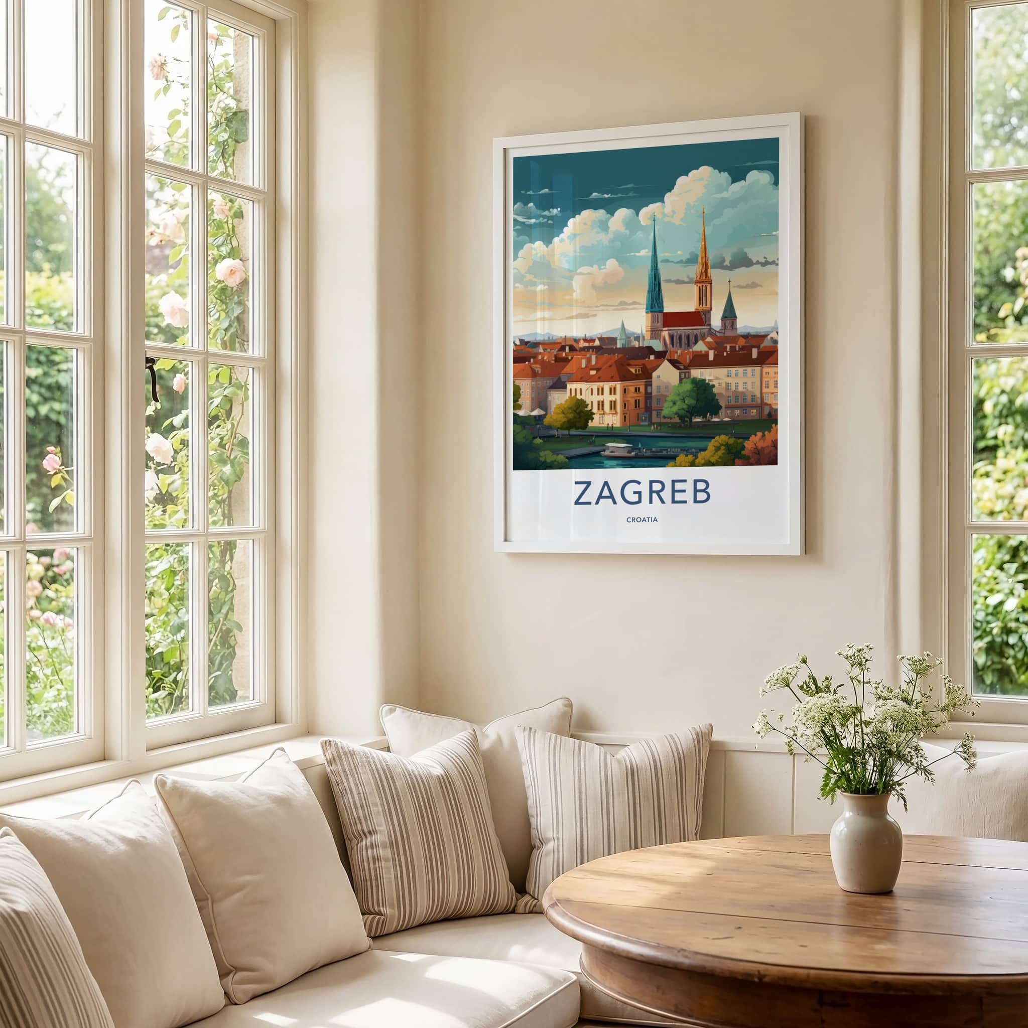 Zagreb Poster - Croatia Travel Art - Cityscape River Spires Home Decor