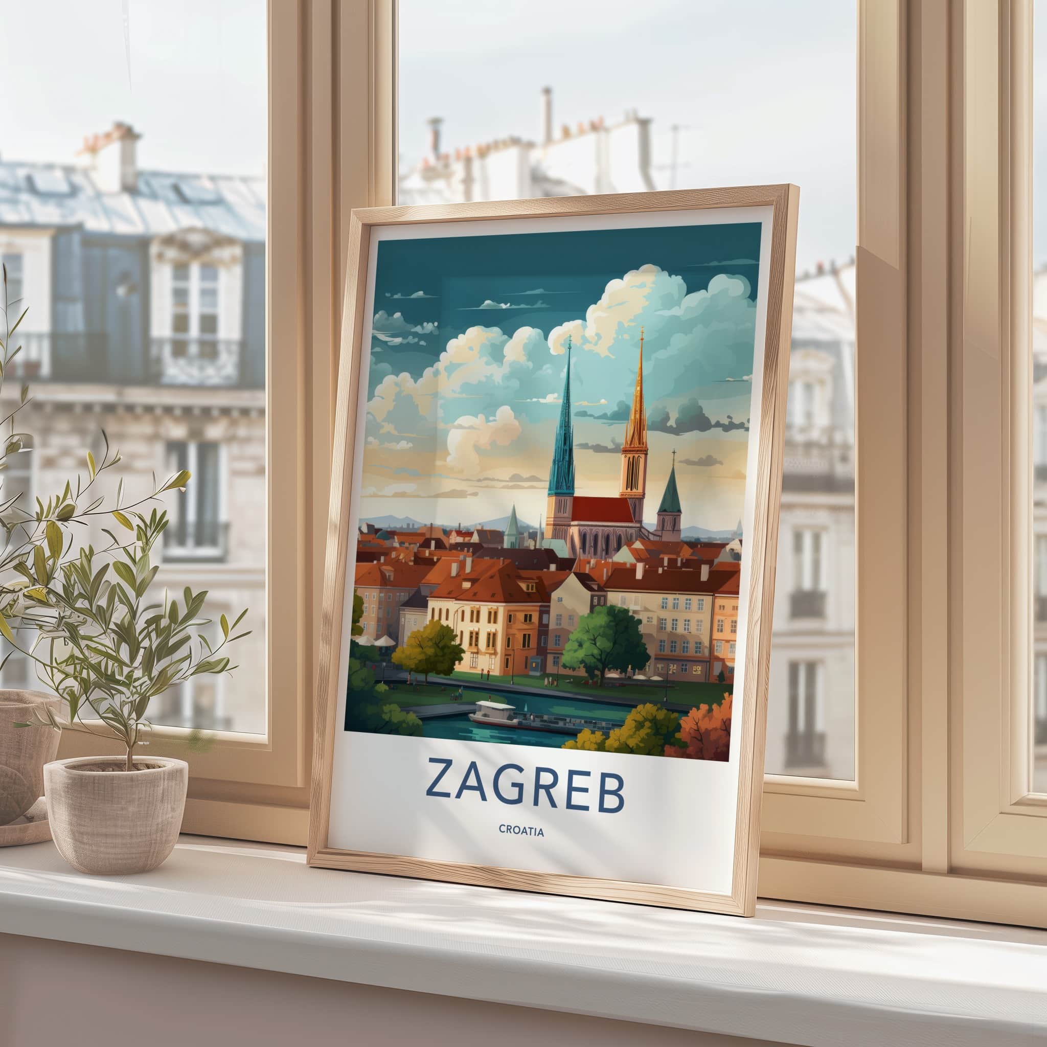 Zagreb Poster - Croatia Travel Art - Cityscape River Spires Home Decor