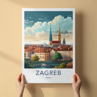 Zagreb Poster - Croatia Travel Art - Cityscape River Spires Home Decor