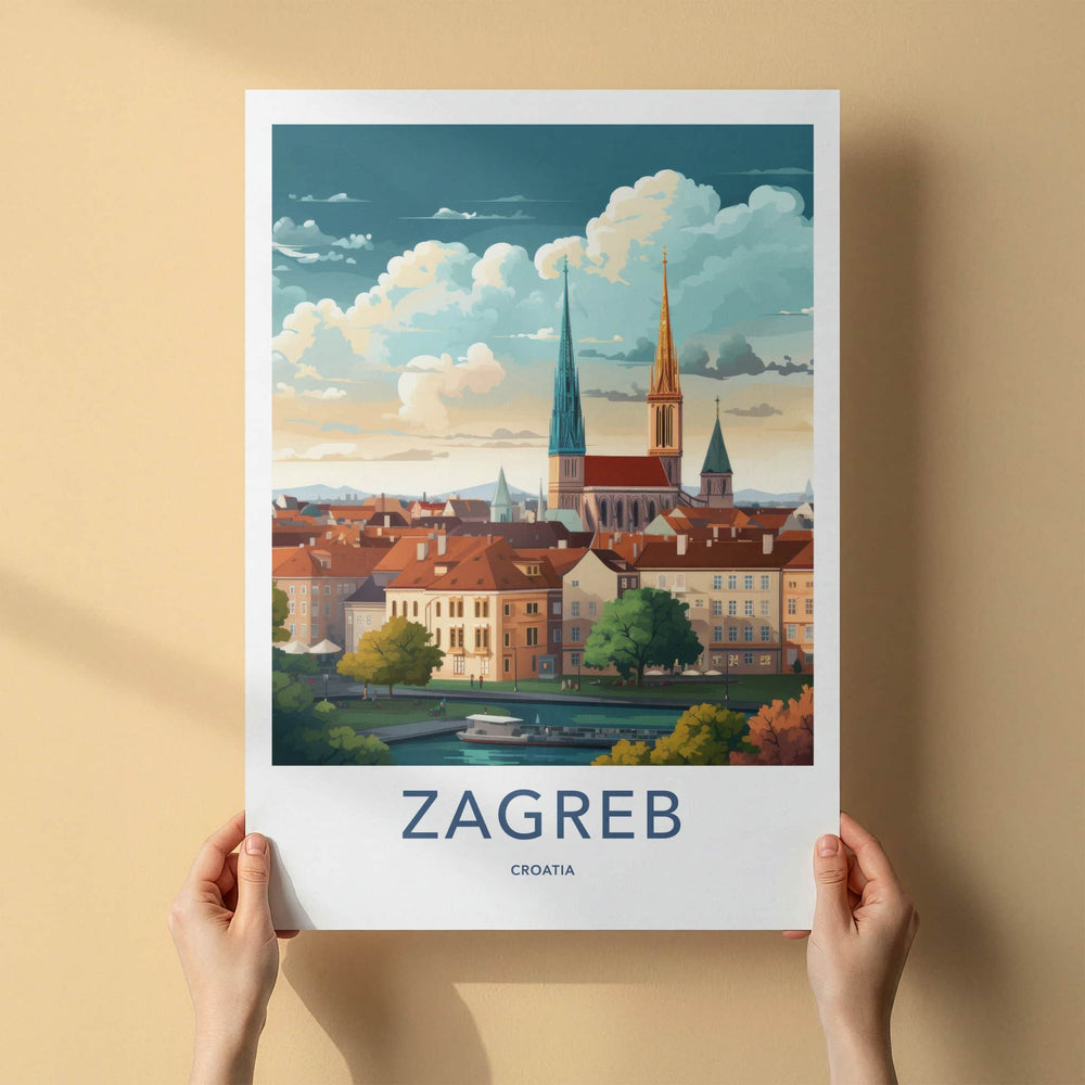 Zagreb Poster - Croatia Travel Art - Cityscape River Spires Home Decor
