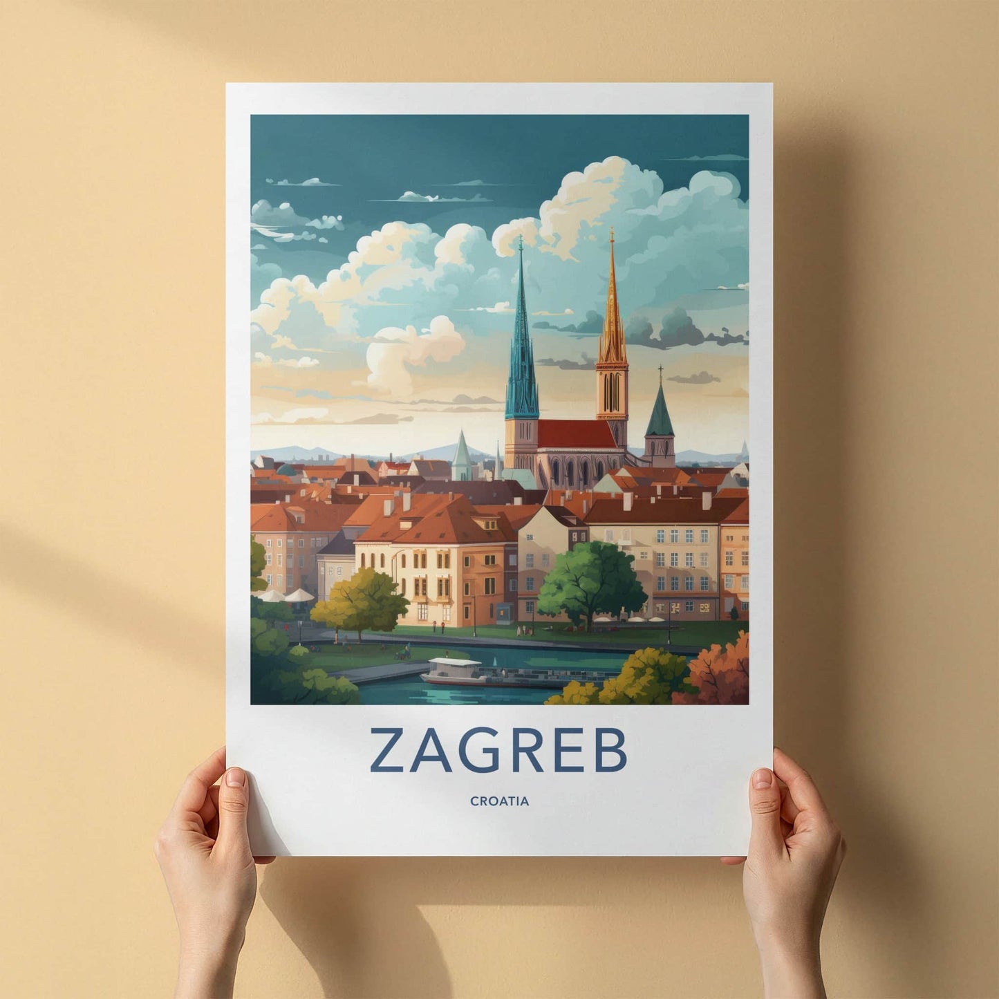 Zagreb Poster - Croatia Travel Art - Cityscape River Spires Home Decor