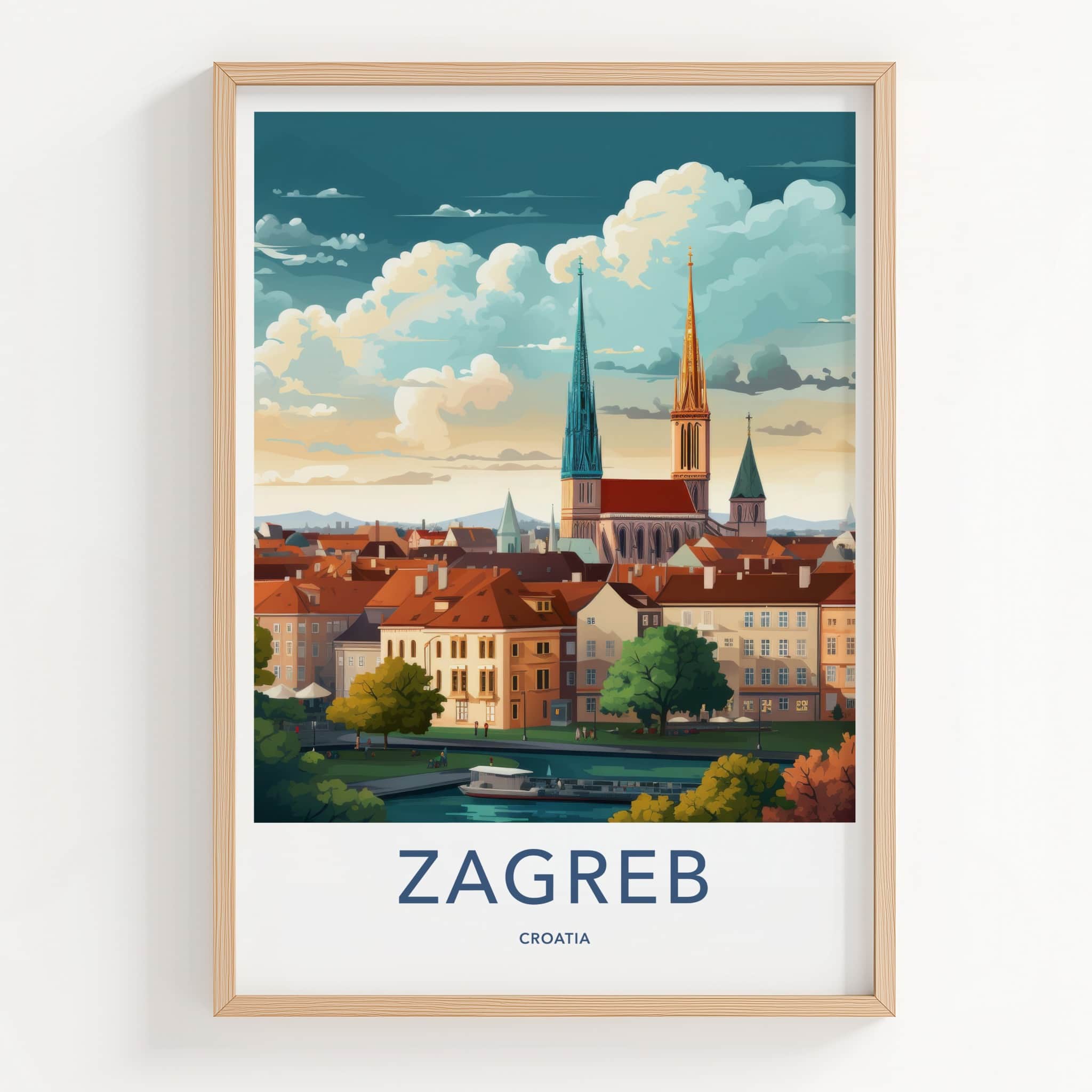 Zagreb Poster - Croatia Travel Art - Cityscape River Spires Home Decor