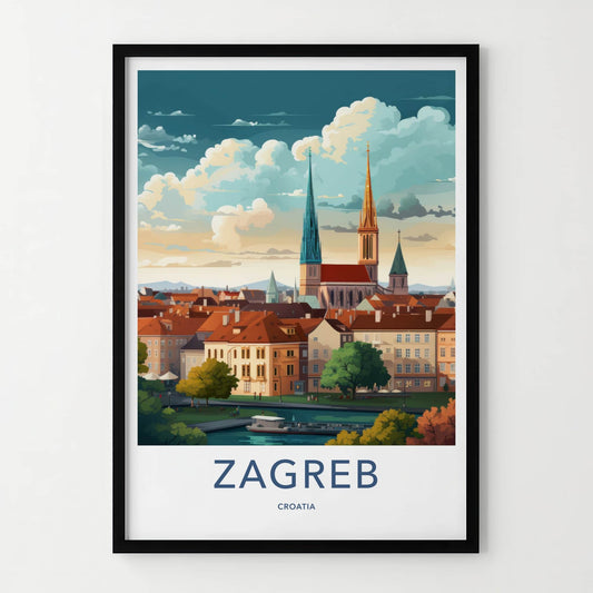 Zagreb Poster - Croatia Travel Art - Cityscape River Spires Home Decor