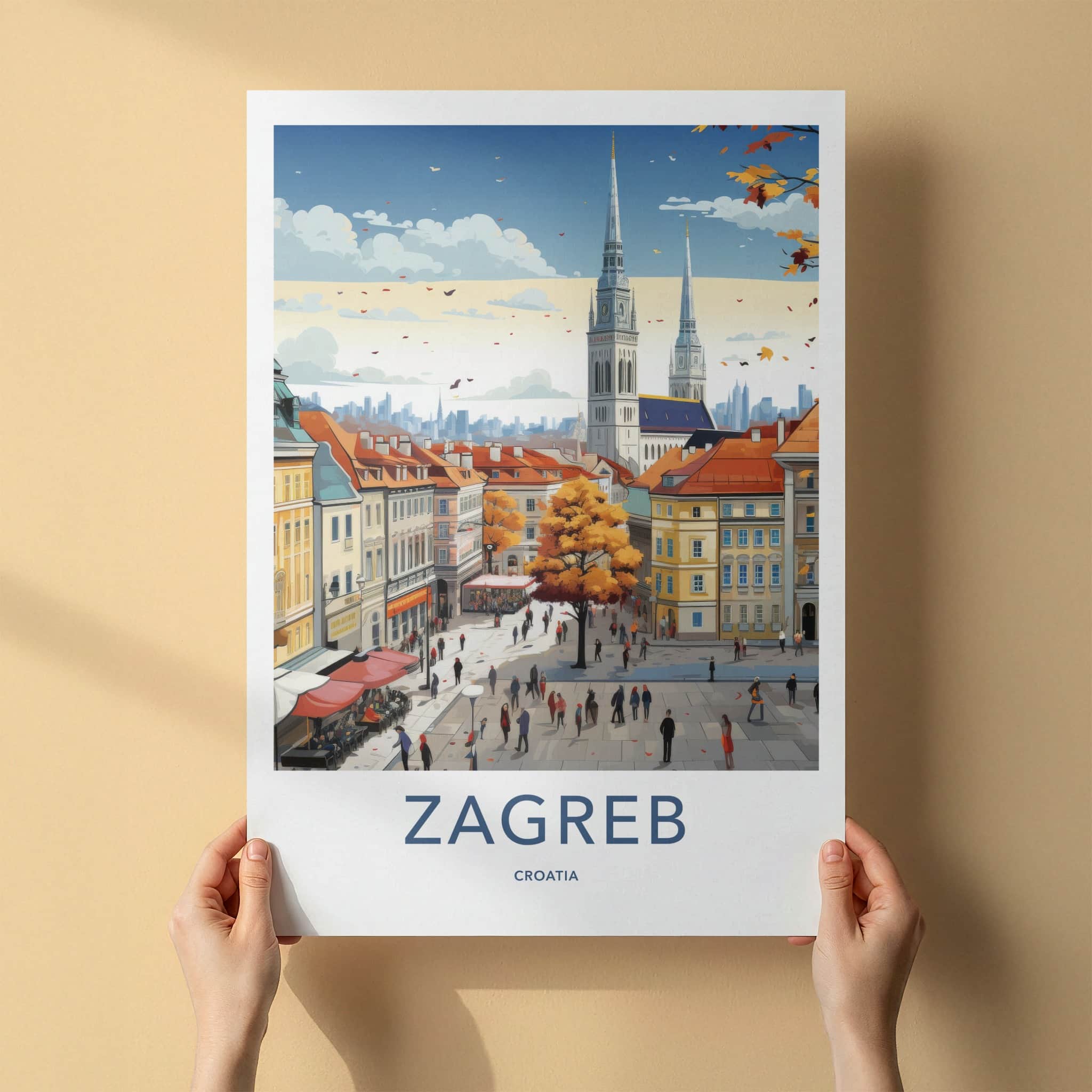 Zagreb Poster - Croatia Travel Art - Crowded Autumn Square Home Decor