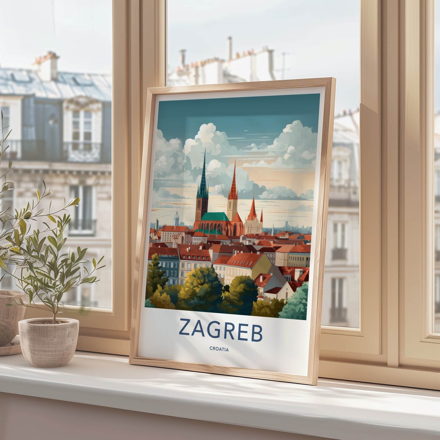 Zagreb Poster - Croatia Travel Art - Historic City Rooftops Home Decor