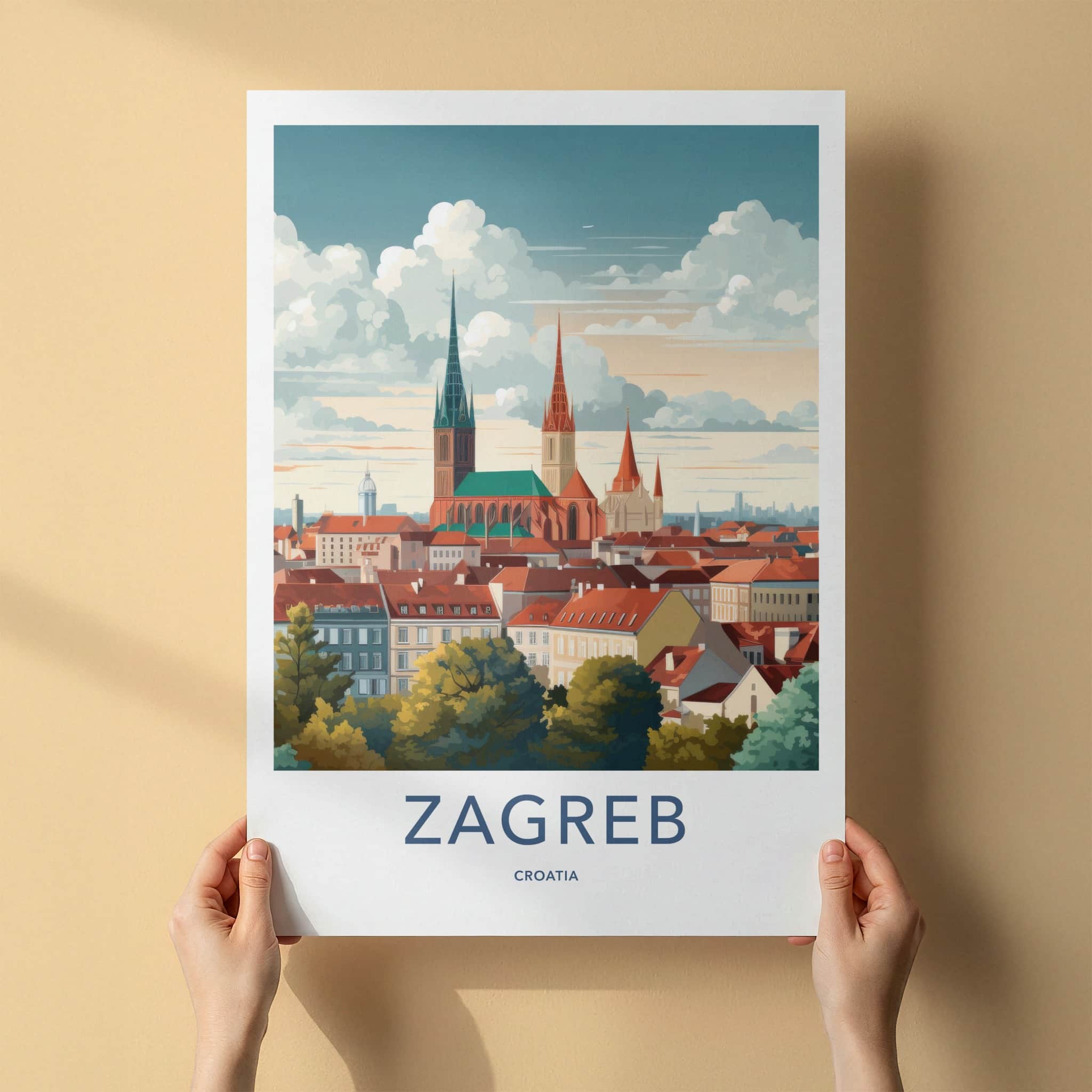 Zagreb Poster - Croatia Travel Art - Historic City Rooftops Home Decor