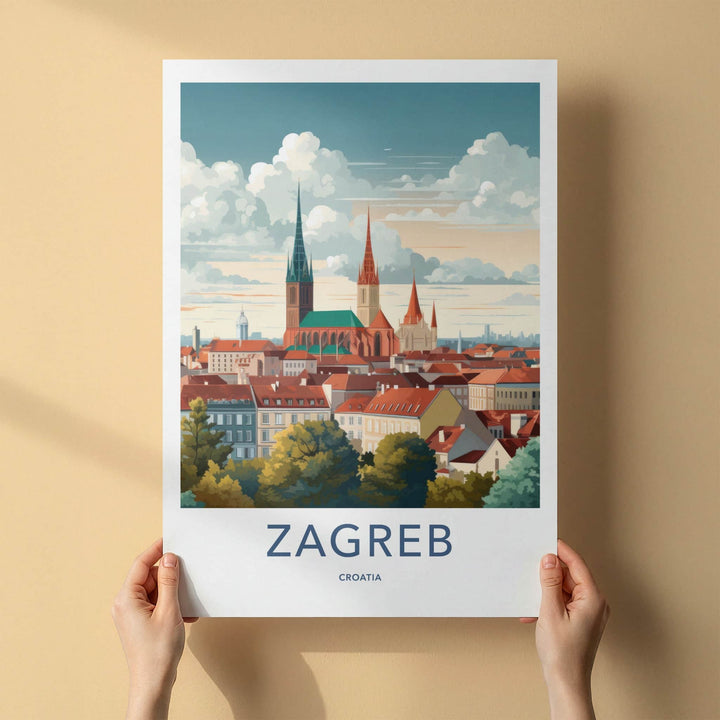 Zagreb Poster - Croatia Travel Art - Historic City Rooftops Home Decor