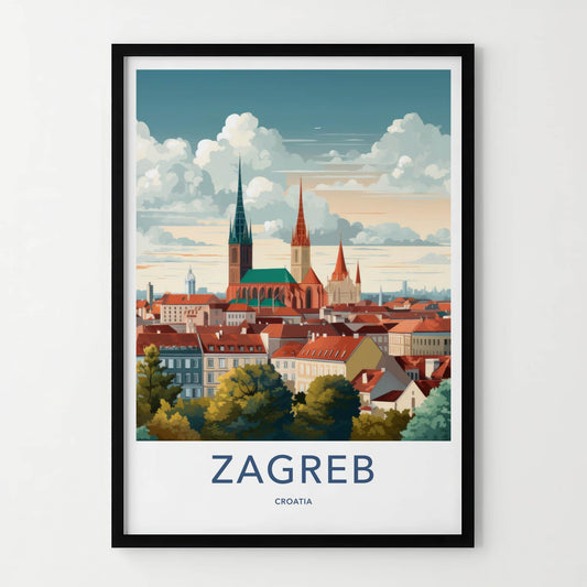 Zagreb Poster - Croatia Travel Art - Historic City Rooftops Home Decor