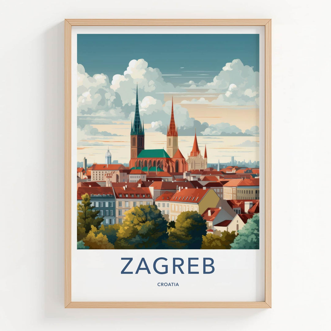 Zagreb Poster - Croatia Travel Art - Historic City Rooftops Home Decor