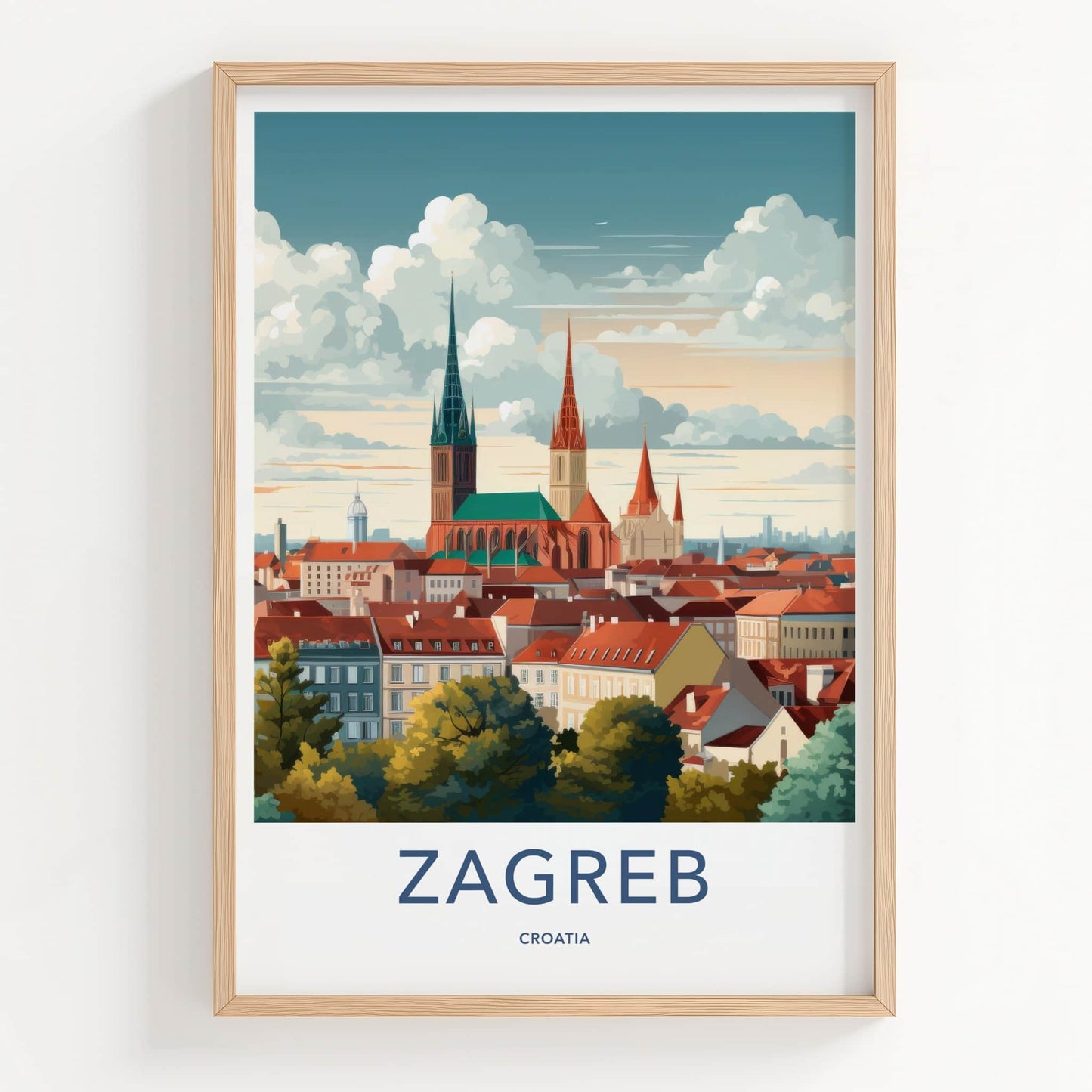 Zagreb Poster - Croatia Travel Art - Historic City Rooftops Home Decor