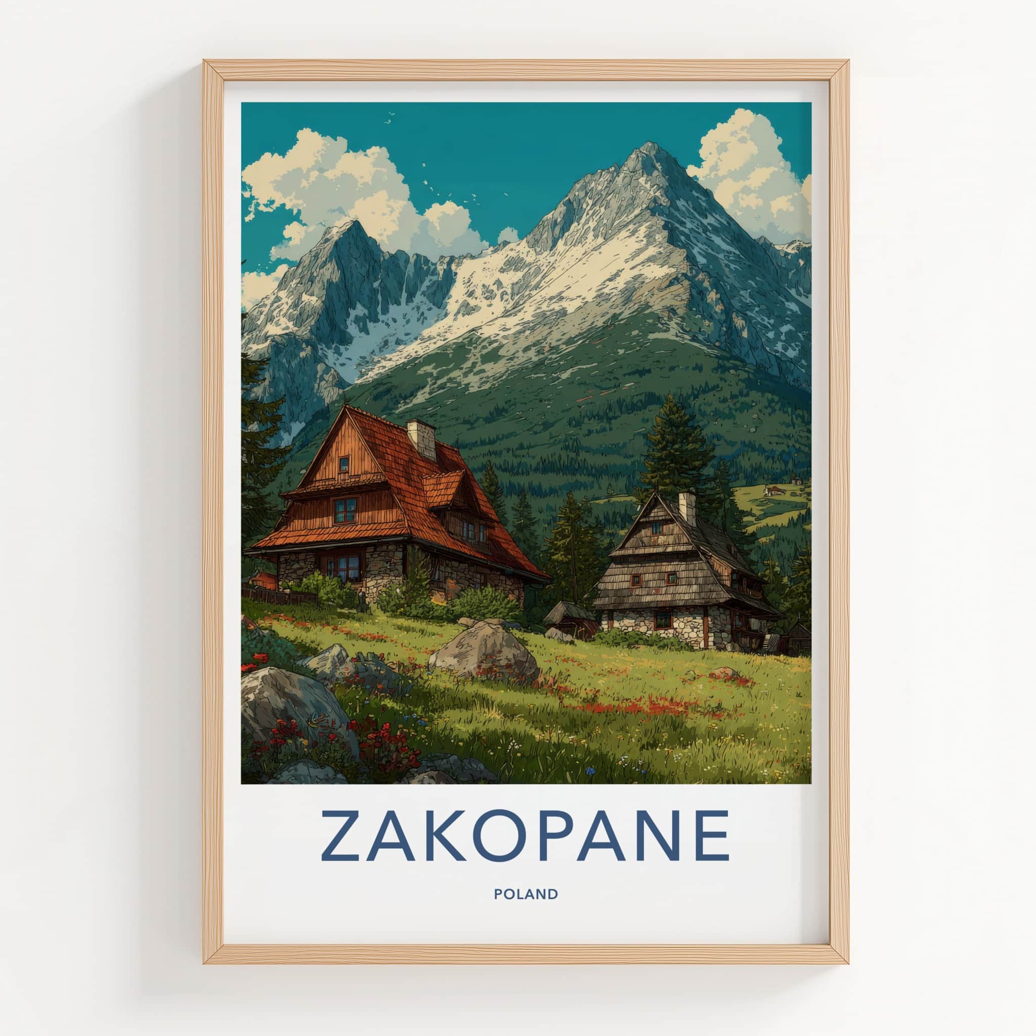 Zakopane Poster - Poland Travel Art - Alpine Houses Meadow Home Decor