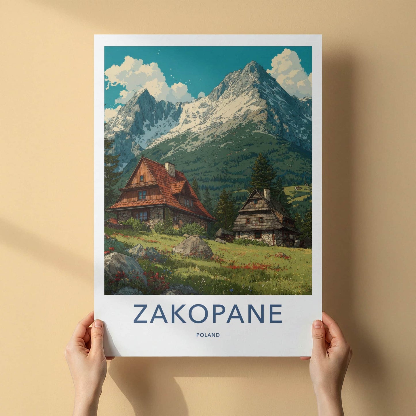 Zakopane Poster - Poland Travel Art - Alpine Houses Meadow Home Decor