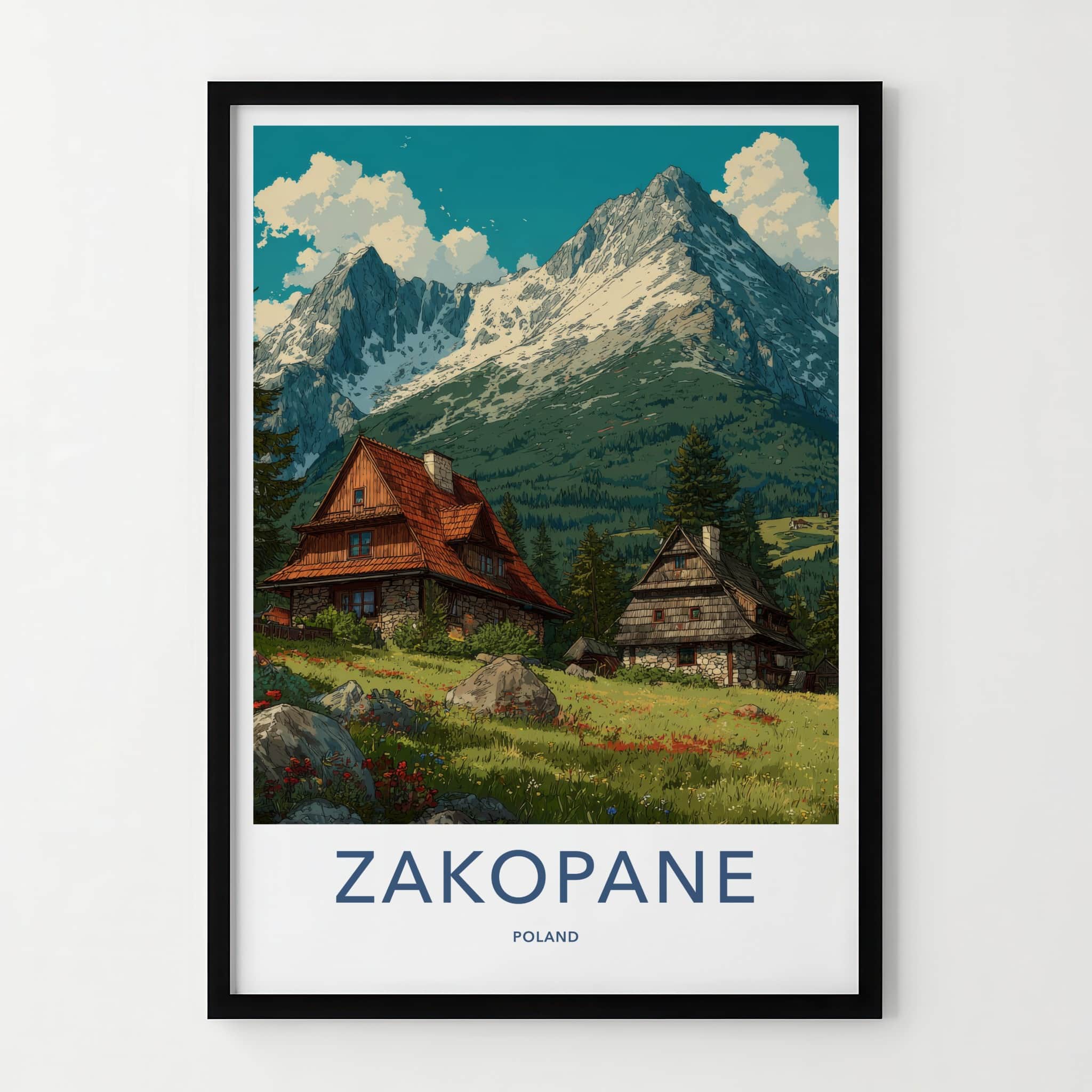 Zakopane Poster - Poland Travel Art - Alpine Houses Meadow Home Decor