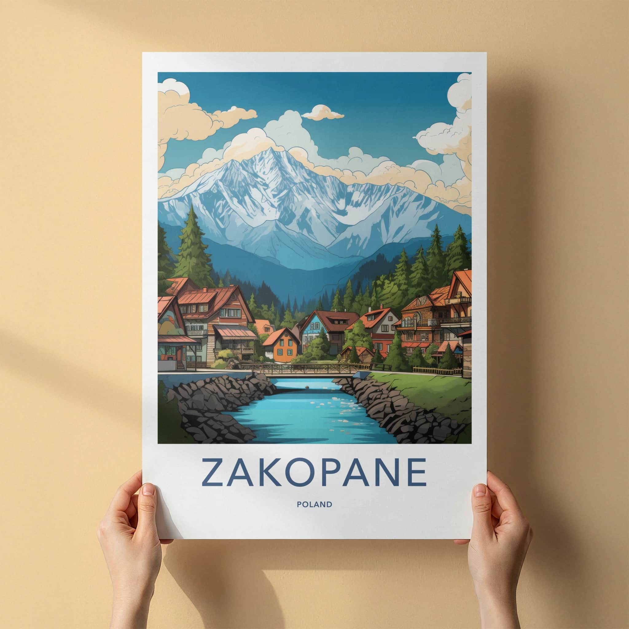Zakopane Poster - Poland Travel Art - Alpine Village River Home Decor