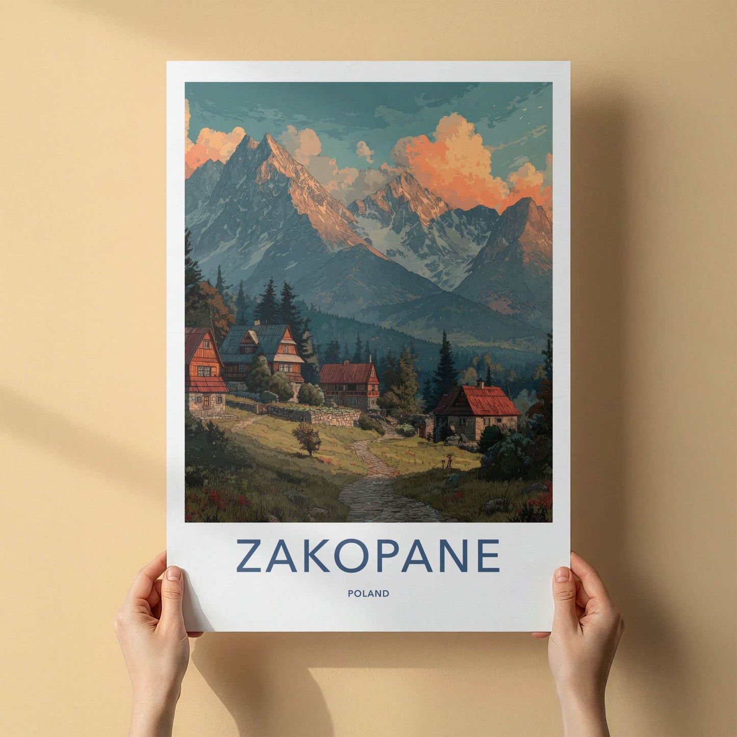 Zakopane Poster - Poland Travel Art - Mountain Village Sunset Wall Decor